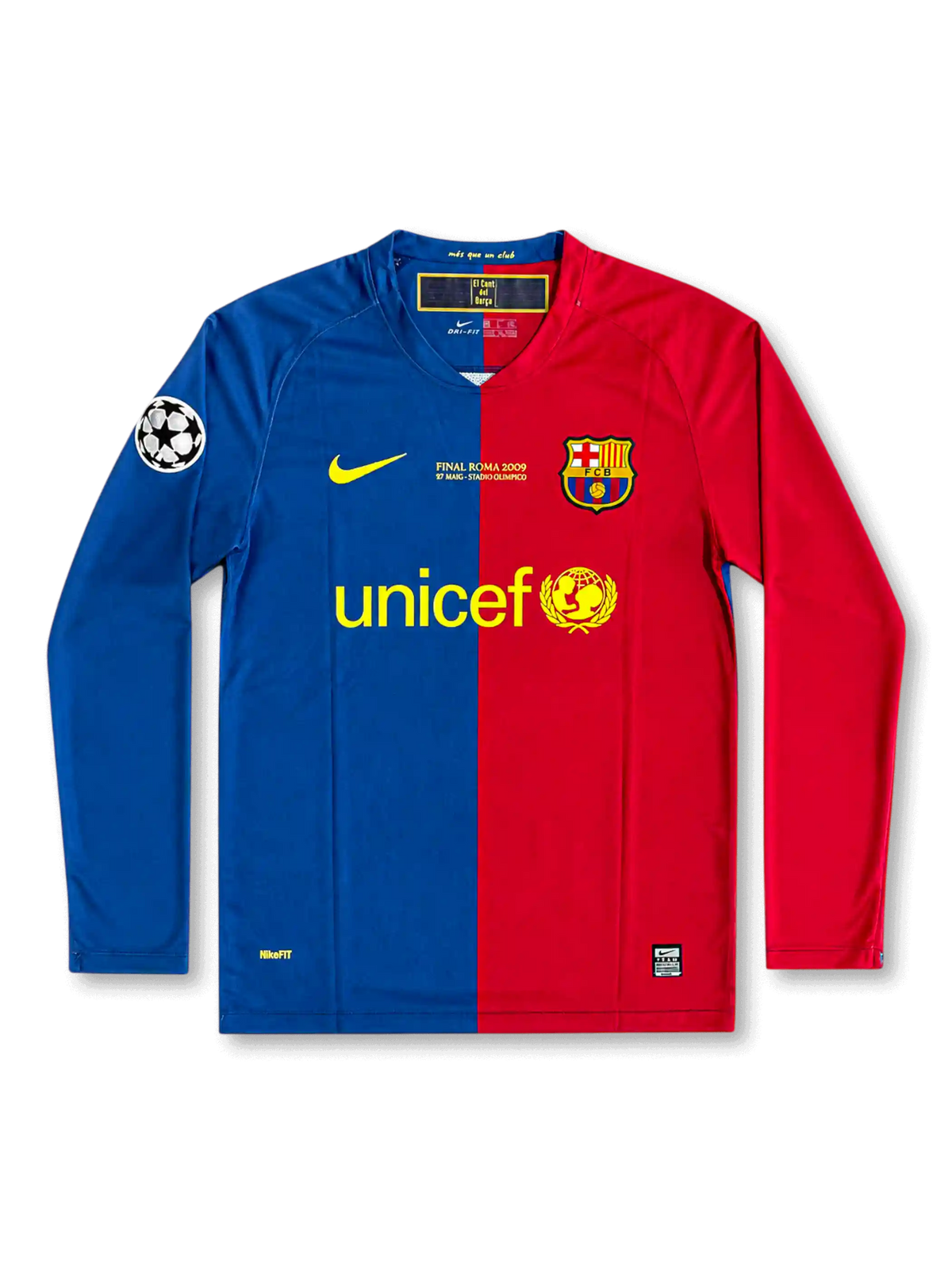 front view of Barcelona 2009 Rome Final home shirt with half blue and red design, UNICEF sponsor, club crest, final embroidery, and Champions League sleeve patch