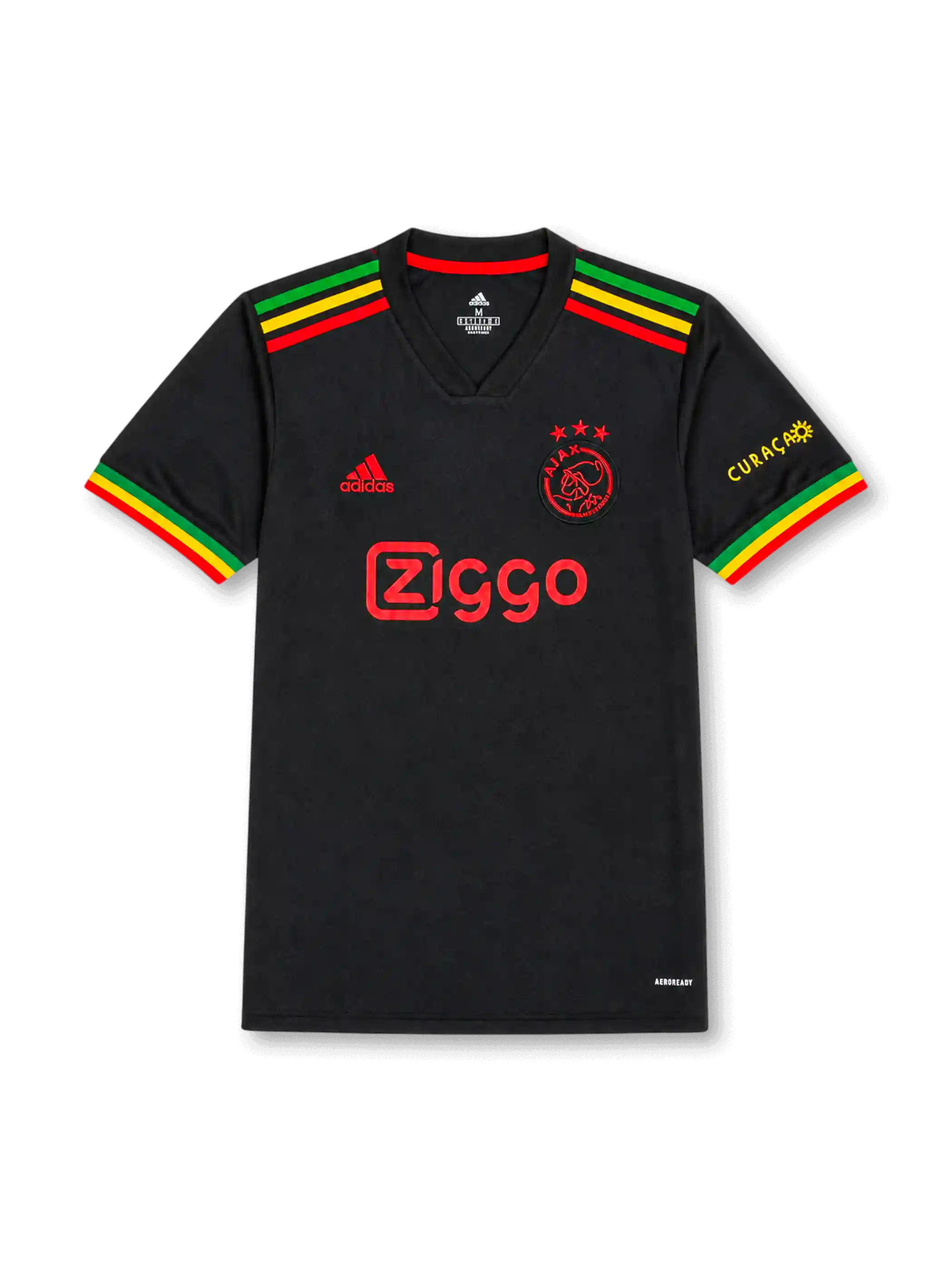 front view of Ajax 2021-22 Bob Marley tribute shirt with black base, red yellow and green sleeve detailing, Ajax crest, sponsor print, and Curaçao sleeve mark