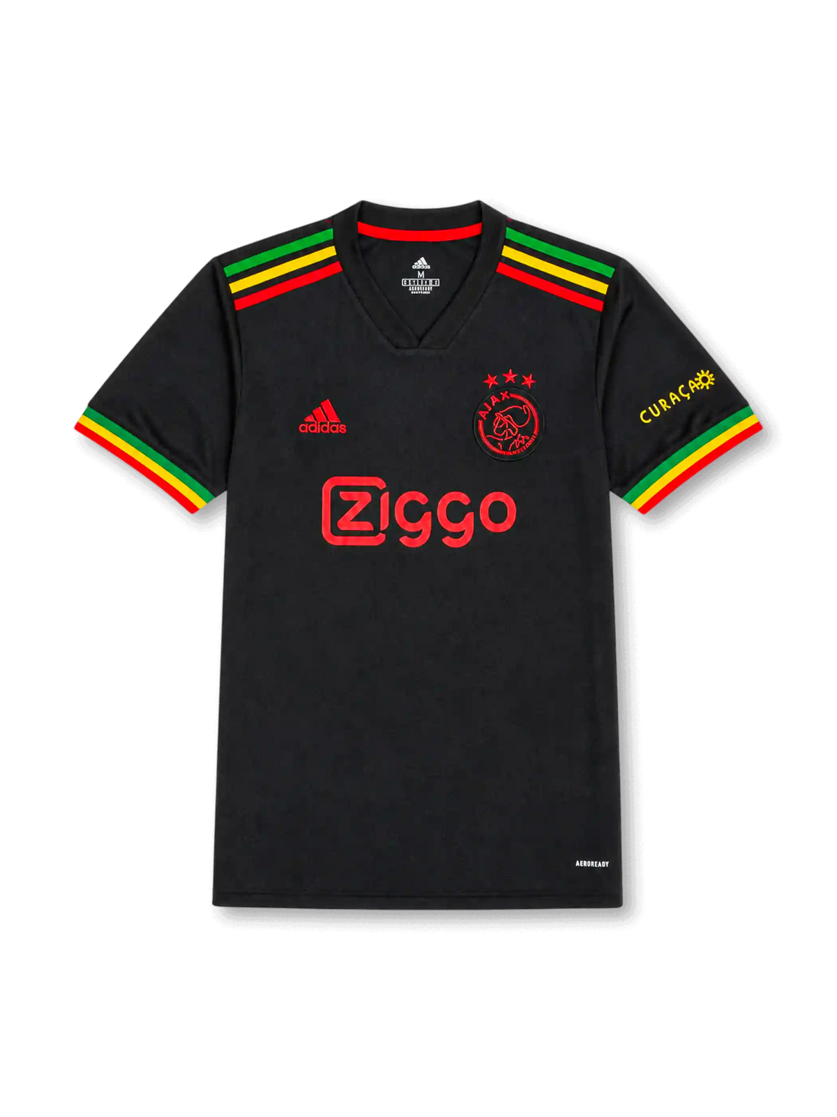 front view of Ajax 2021-22 Bob Marley tribute shirt with black base, red yellow and green sleeve detailing, Ajax crest, sponsor print, and Curaçao sleeve mark