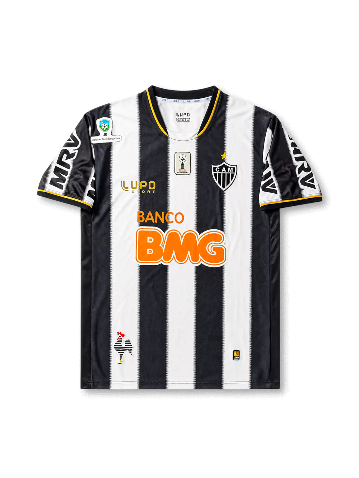 front view of Atletico Mineiro 2013 home shirt with black and white stripes, BMG sponsor, club crest, Lupo Sport branding, and Brazilian competition sleeve patch
