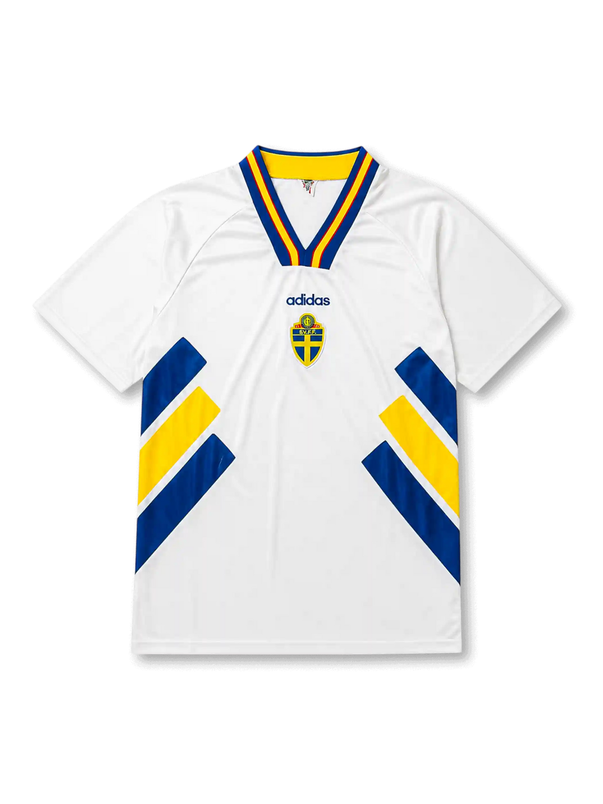 front view of Sweden 1994 World Cup away shirt with white base, blue and yellow diagonal side graphics, V-neck collar, and Sweden crest