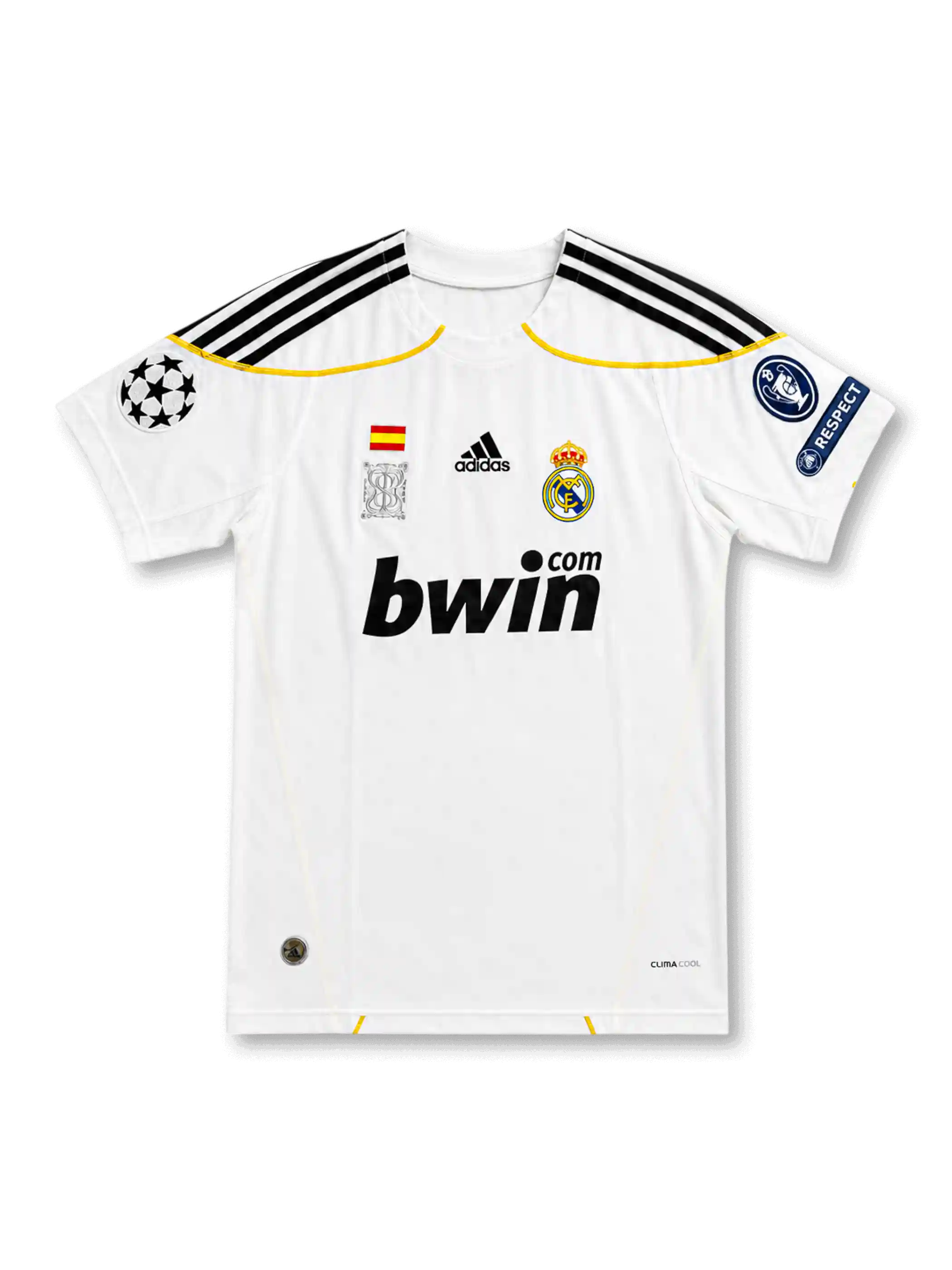 front view of Real Madrid 2009-10 home shirt with white base, bwin sponsor, club crest, yellow trim, Champions League patch, and UEFA Respect sleeve patch