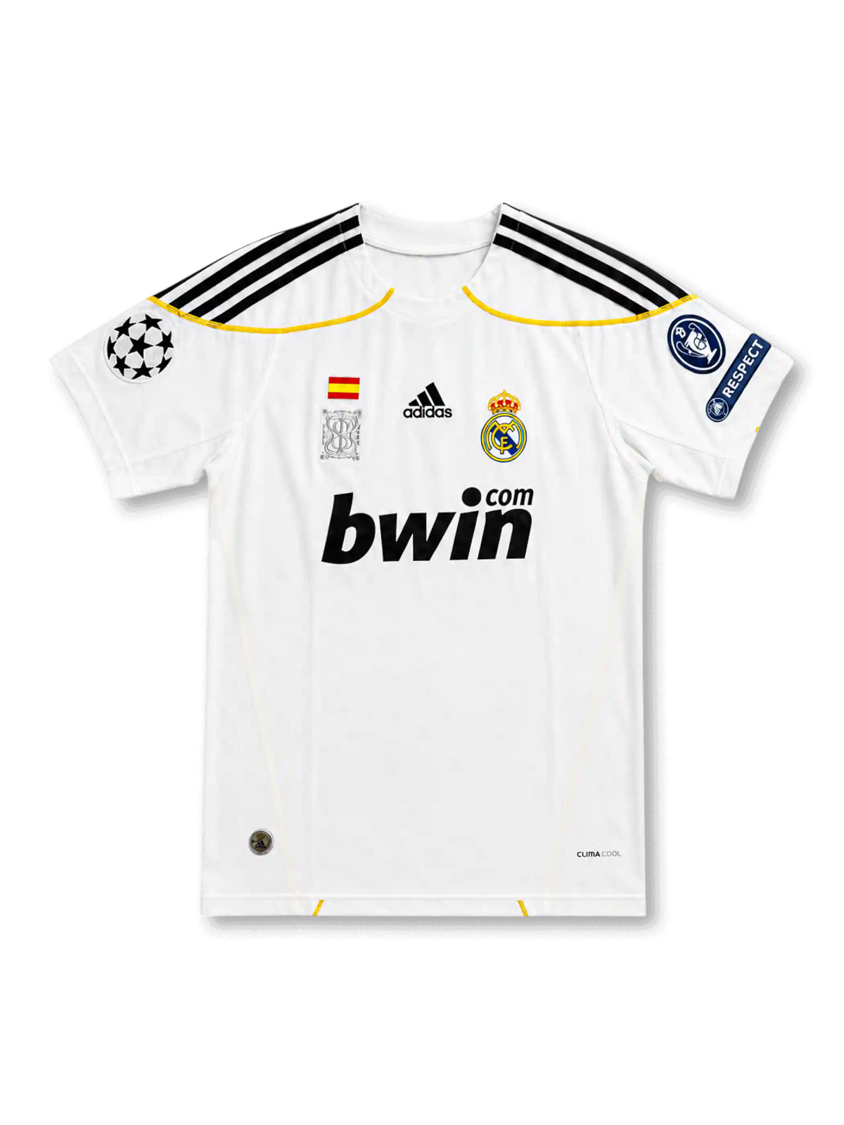front view of Real Madrid 2009-10 home shirt with white base, bwin sponsor, club crest, yellow trim, Champions League patch, and UEFA Respect sleeve patch