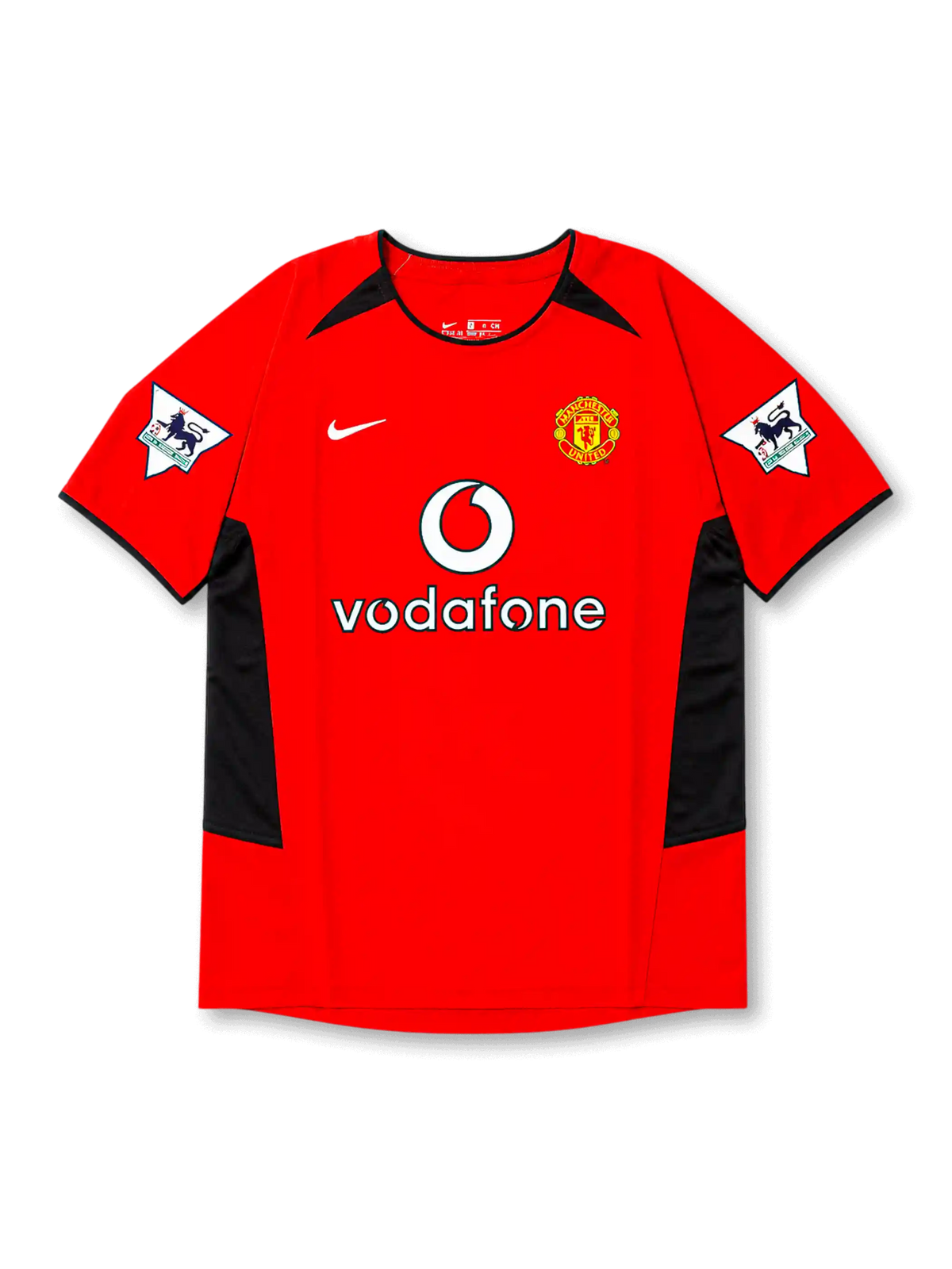 front view of Manchester United 2002-04 home shirt with red base, black side panels, Vodafone sponsor, club crest, and Premier League sleeve patches