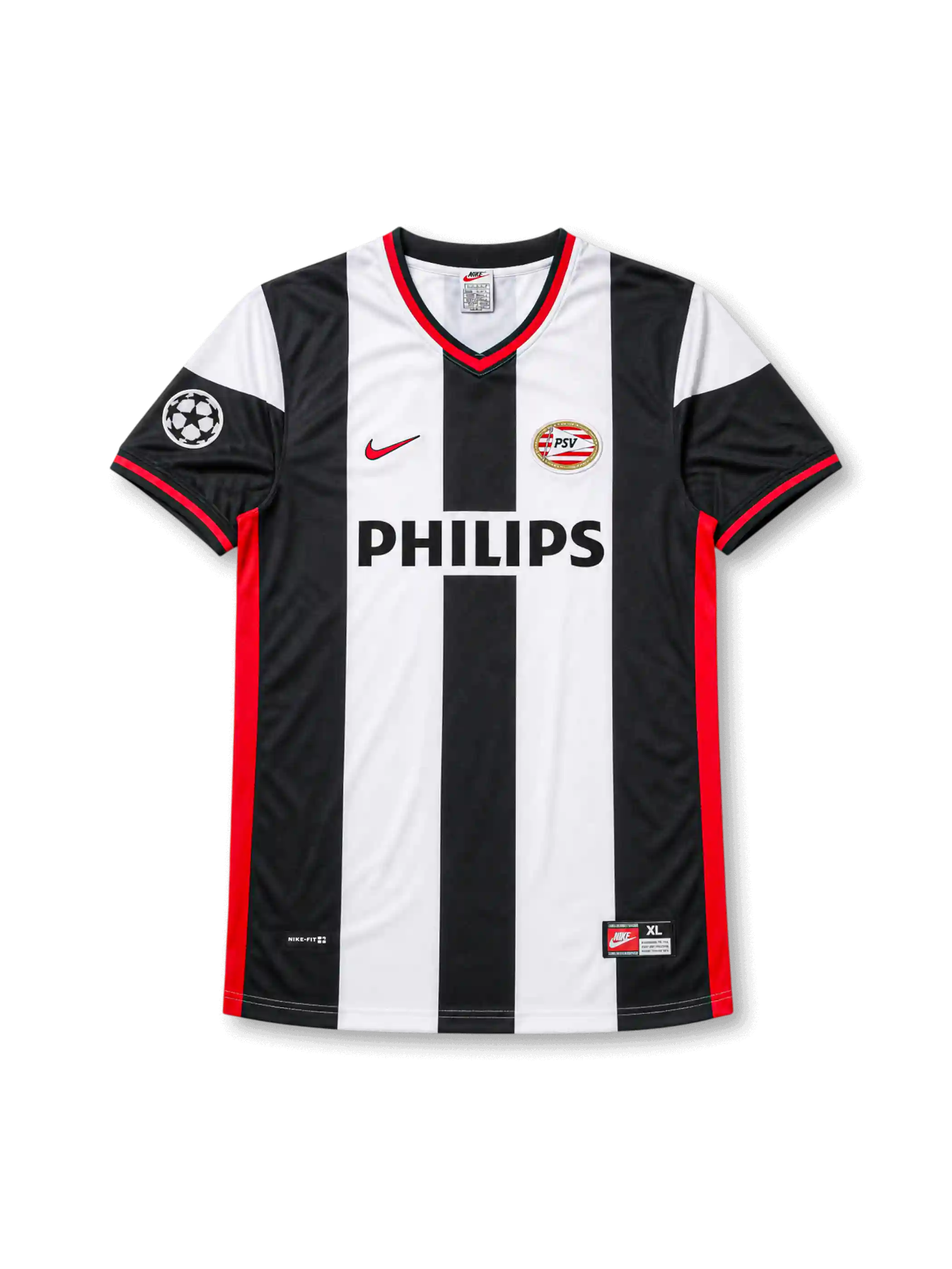 front view of PSV Eindhoven 1998-00 away shirt with black and white stripes, Philips sponsor, PSV crest, red trim, and Champions League sleeve patch