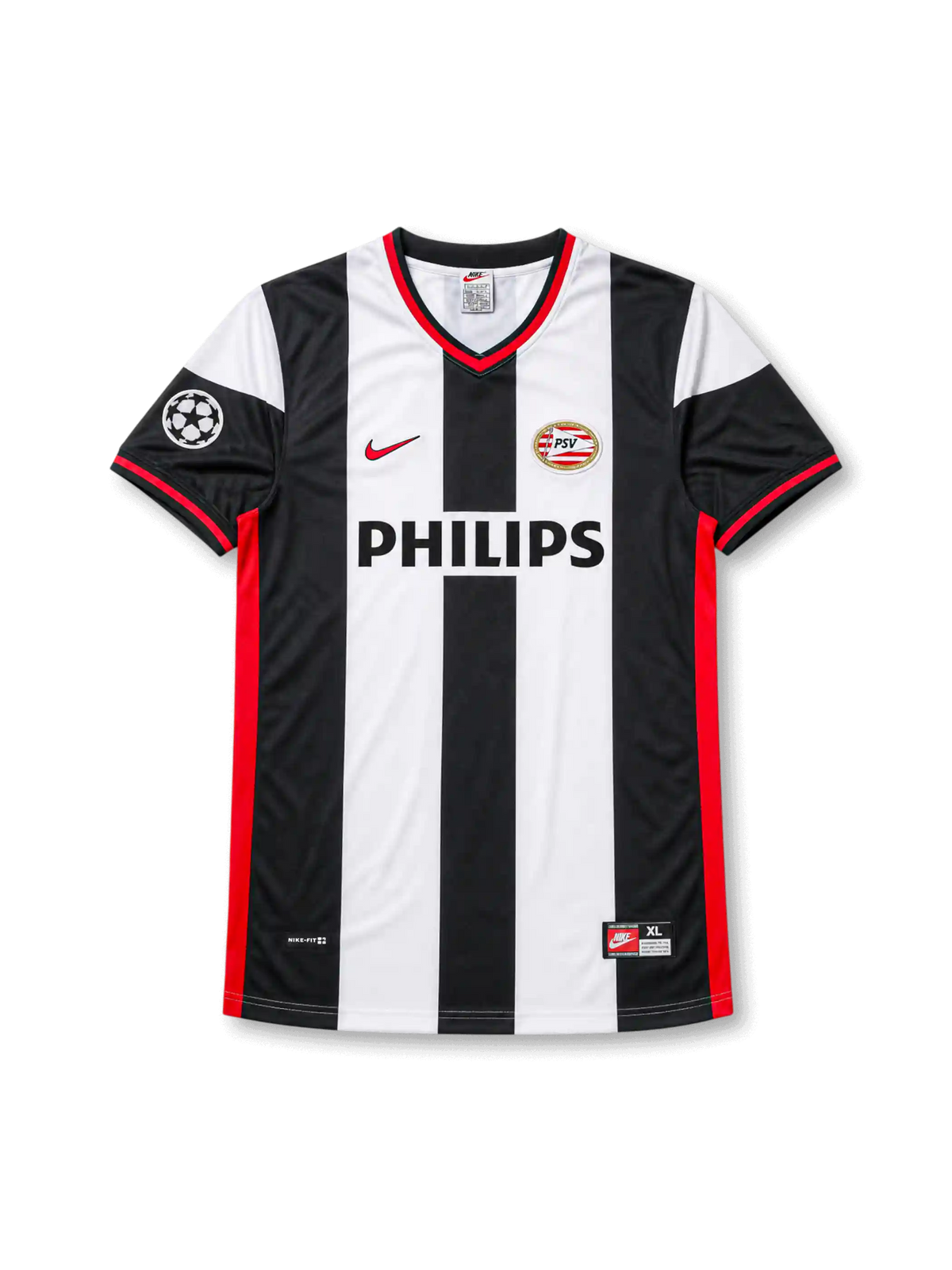 front view of PSV Eindhoven 1998-00 away shirt with black and white stripes, Philips sponsor, PSV crest, red trim, and Champions League sleeve patch