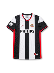 front view of PSV Eindhoven 1998-00 away shirt with black and white stripes, Philips sponsor, PSV crest, red trim, and Champions League sleeve patch