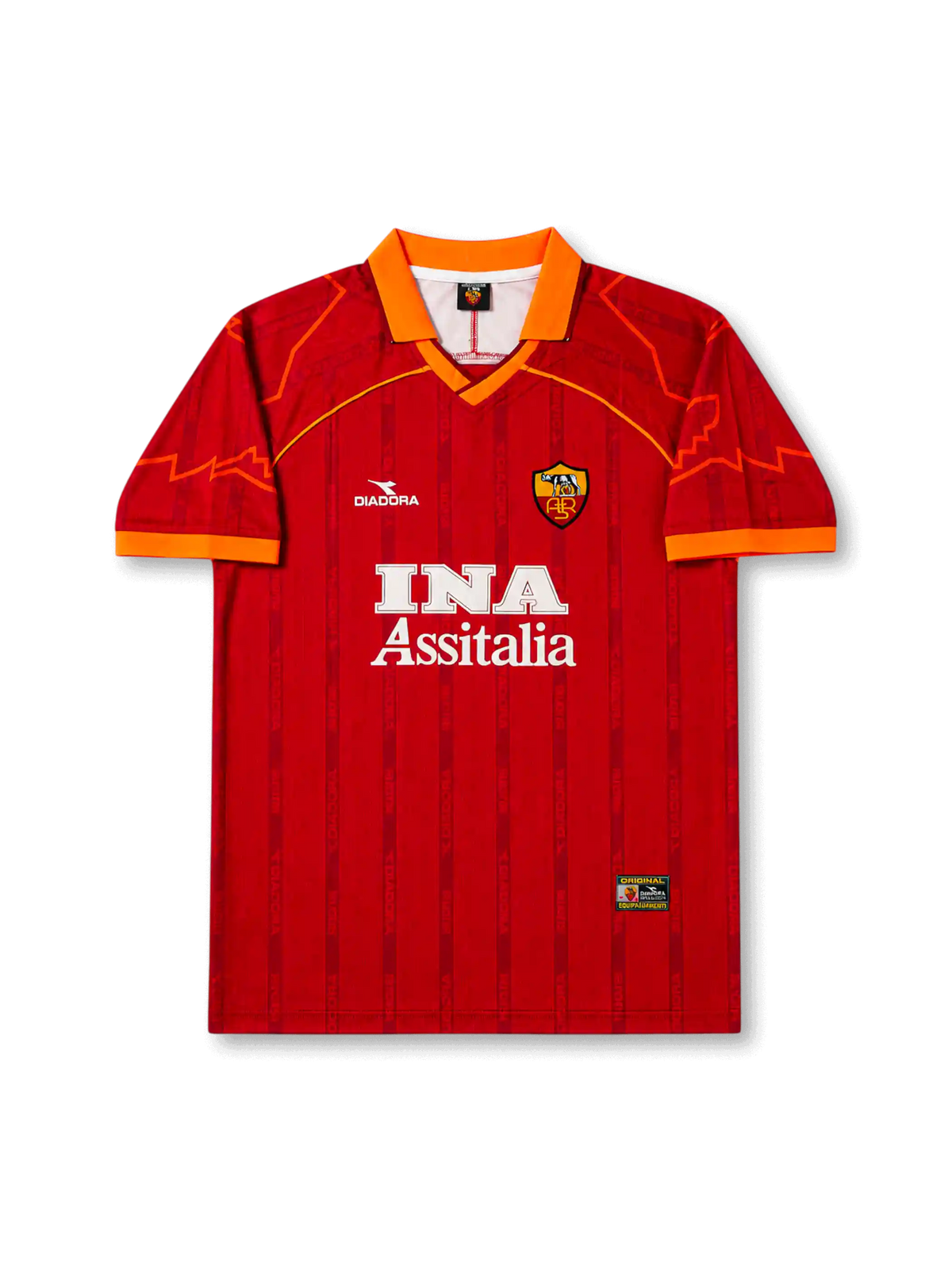 front view of Roma 1997-98 home shirt with deep red body, orange collar, INA Assitalia sponsor, Diadora branding, and Roma crest