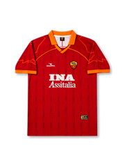 front view of Roma 1997-98 home shirt with deep red body, orange collar, INA Assitalia sponsor, Diadora branding, and Roma crest