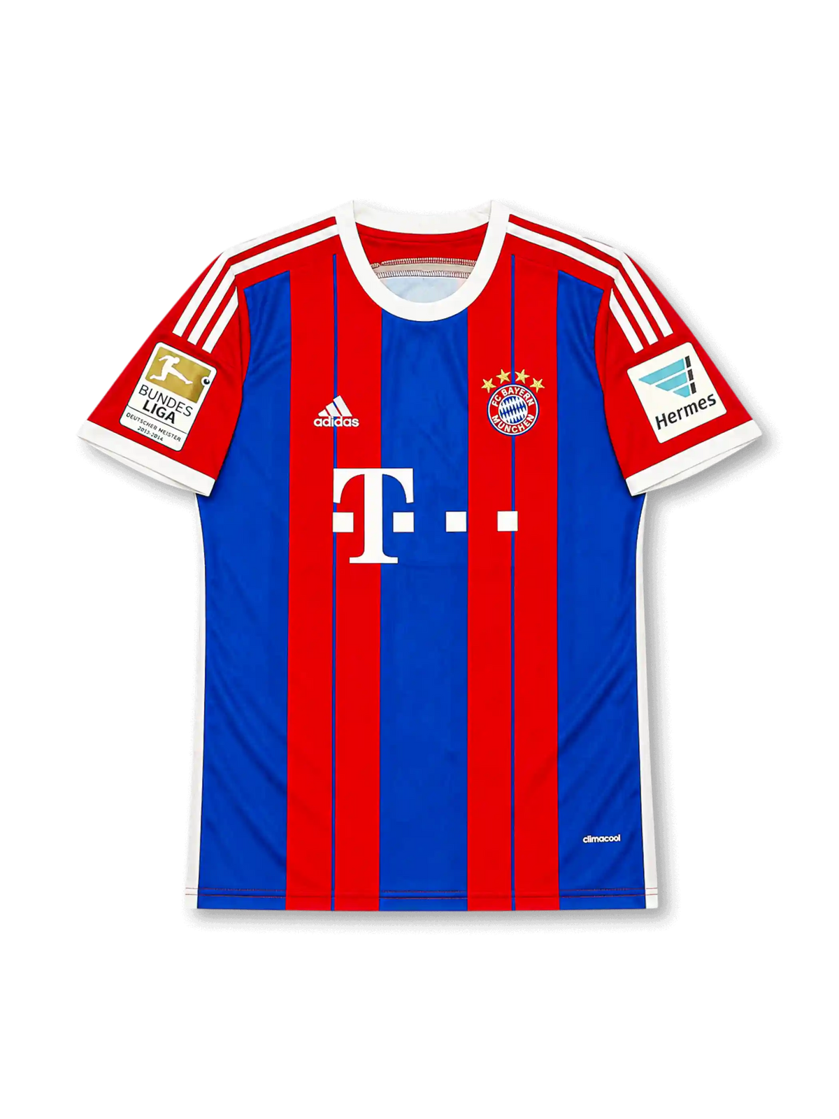 front view of Bayern Munich 2014-15 home shirt with red and blue vertical stripes, Telekom sponsor, club crest, adidas logo, Bundesliga champion patch, and Hermes sleeve sponsor