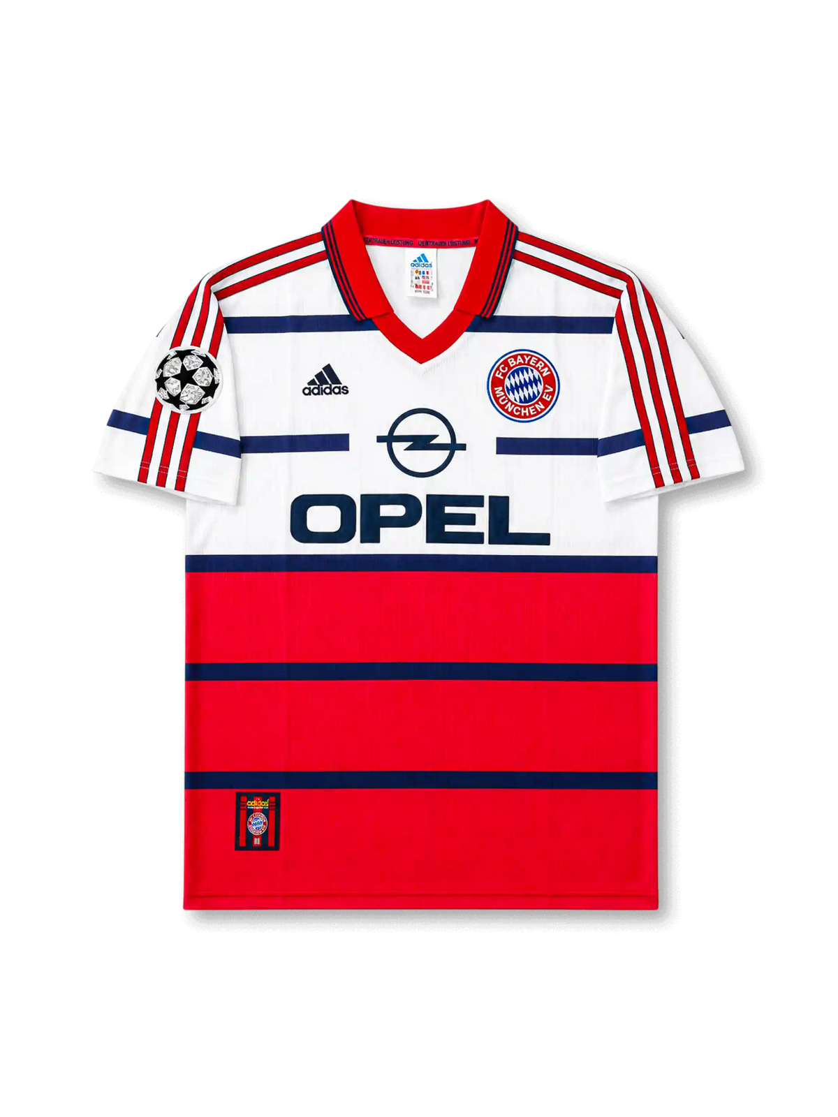 front view of Bayern Munich 1998-00 away shirt with white and red color blocking, Opel sponsor, Bayern crest, adidas logo, and Champions League sleeve patch
