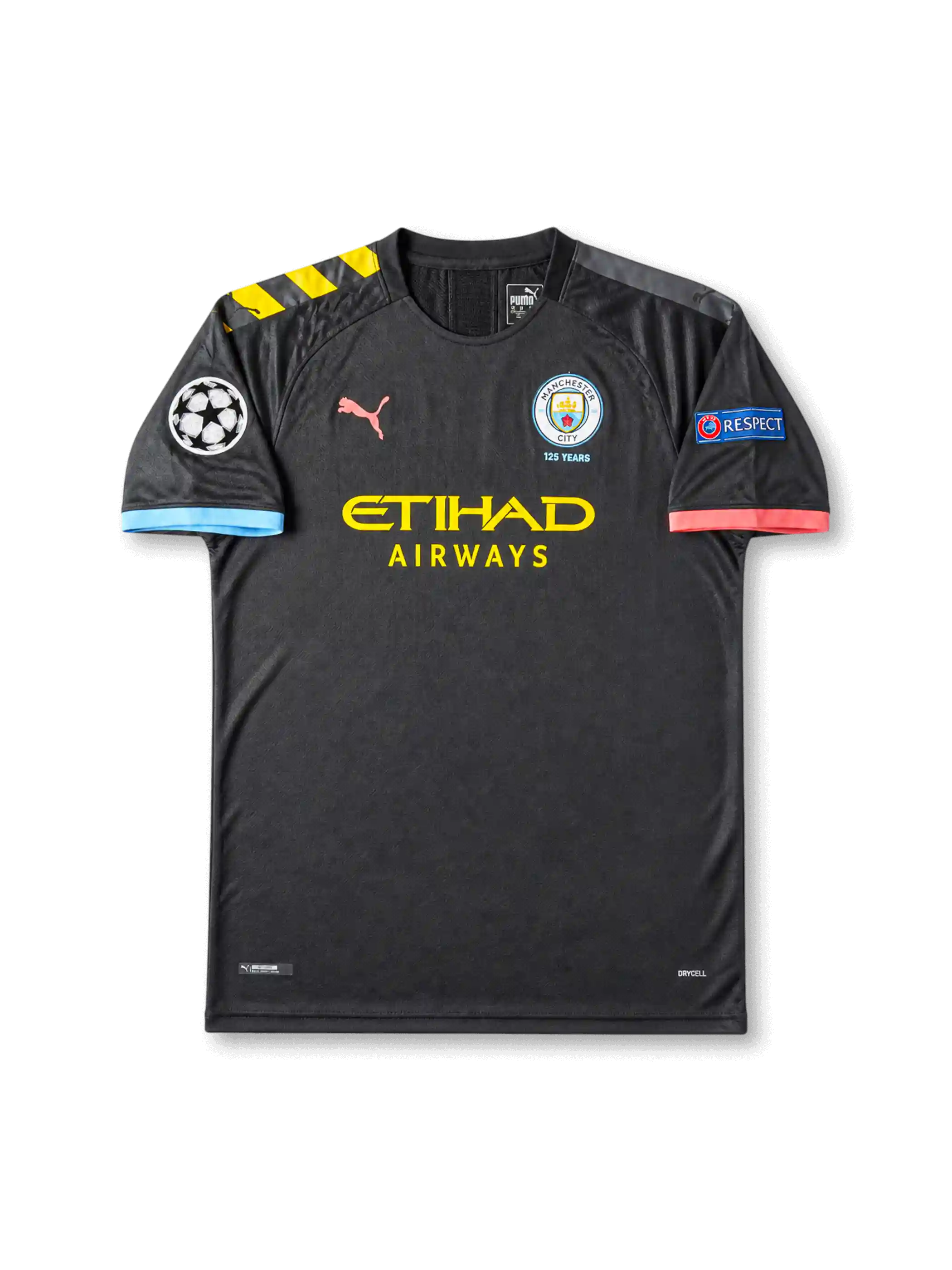 front view of Manchester City 2019-20 away shirt with dark charcoal base, Etihad Airways sponsor, 125 Years crest, Puma logo, Champions League patch, and UEFA Respect sleeve patch