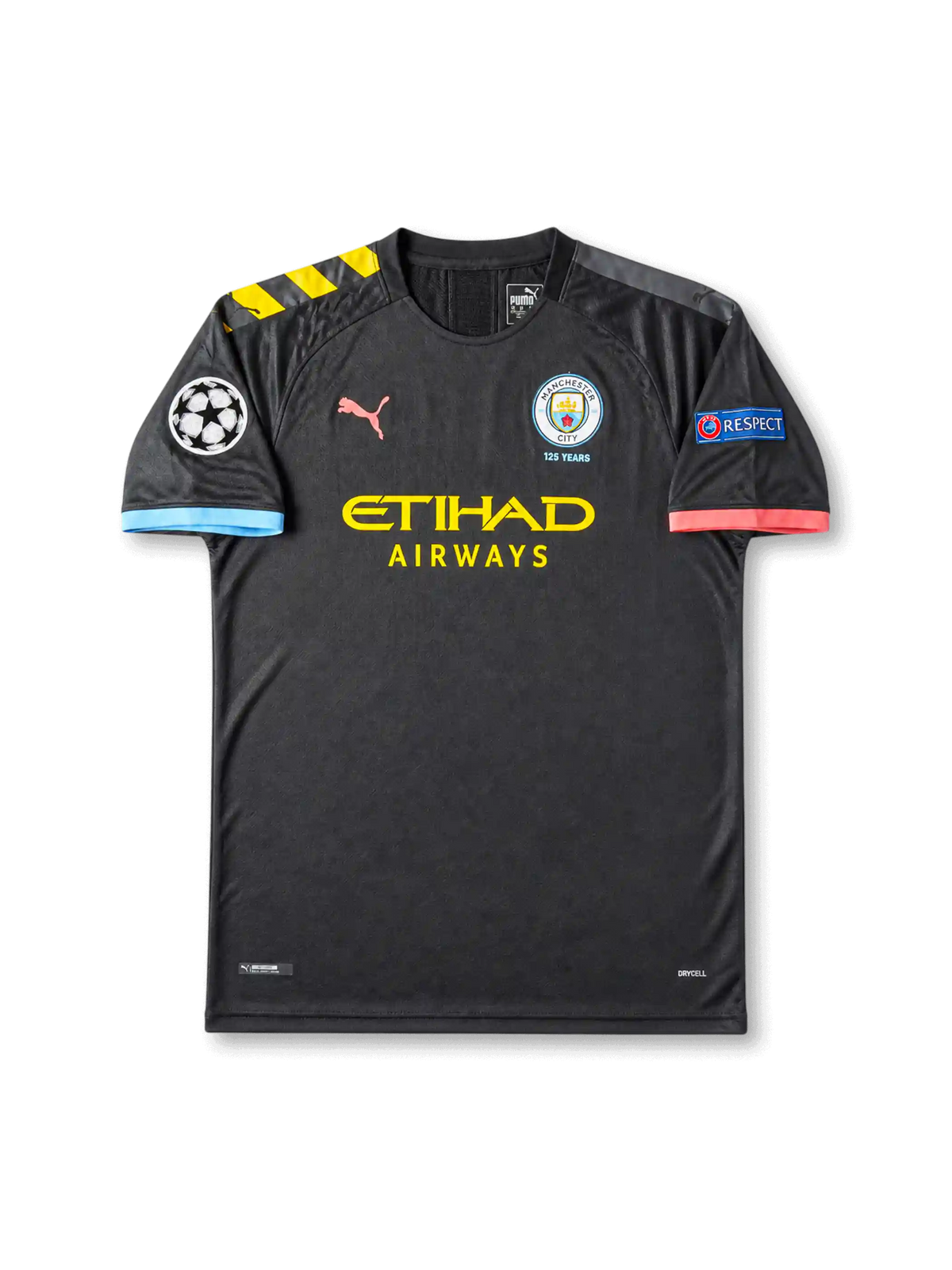 front view of Manchester City 2019-20 away shirt with dark charcoal base, Etihad Airways sponsor, 125 Years crest, Puma logo, Champions League patch, and UEFA Respect sleeve patch