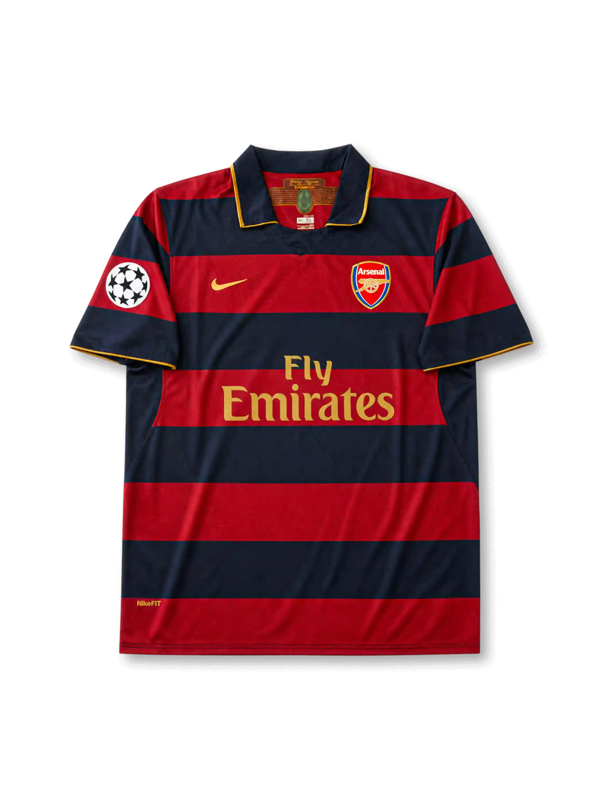 front view of Arsenal 2007-08 away shirt with red and navy hoops, Fly Emirates sponsor, Arsenal crest, gold Nike logo, and Champions League sleeve patch