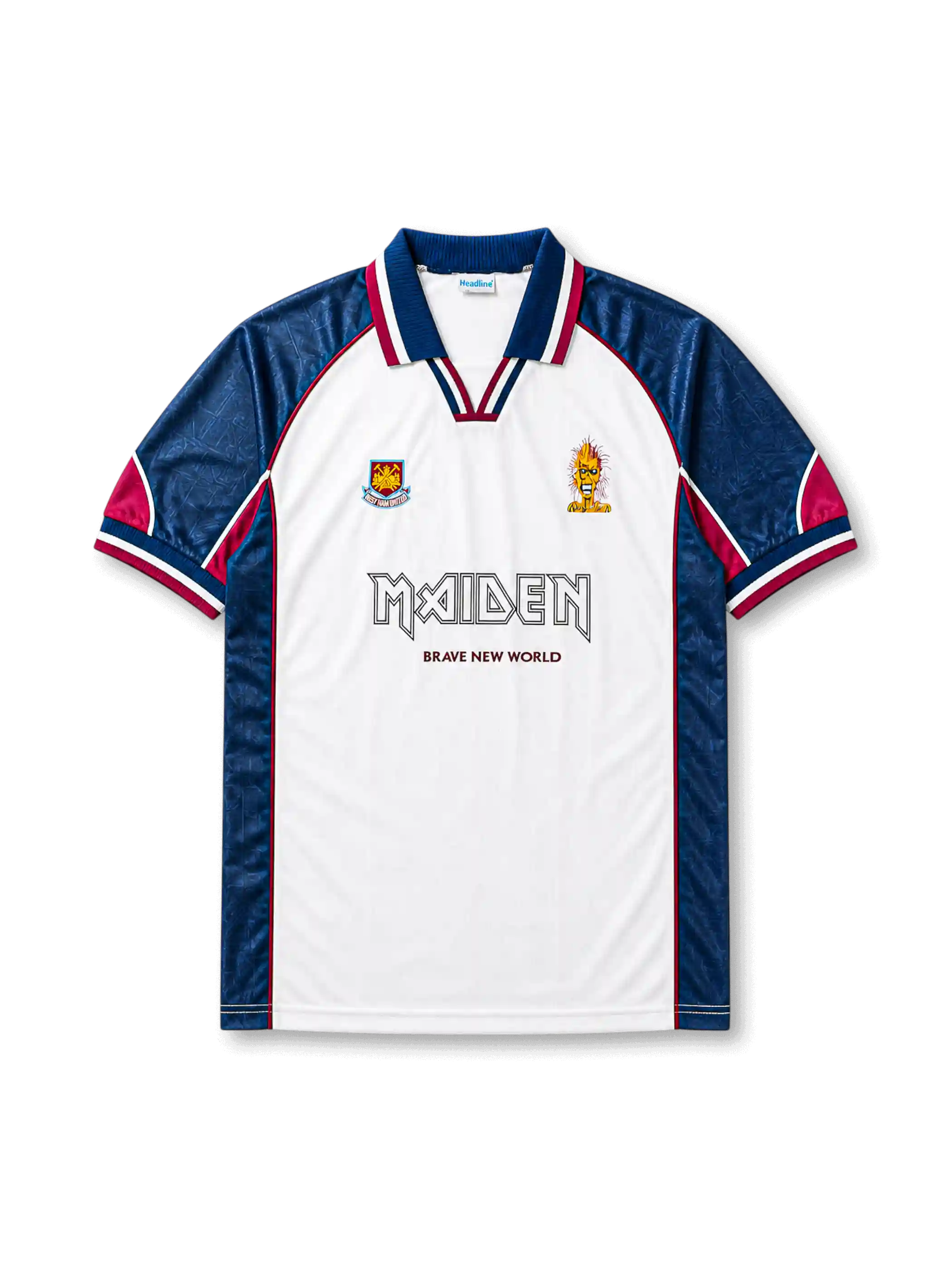 front view of West Ham Iron Maiden Brave New World special edition shirt with white body, dark blue sleeves, claret accents, West Ham crest, Iron Maiden logo, and Eddie artwork