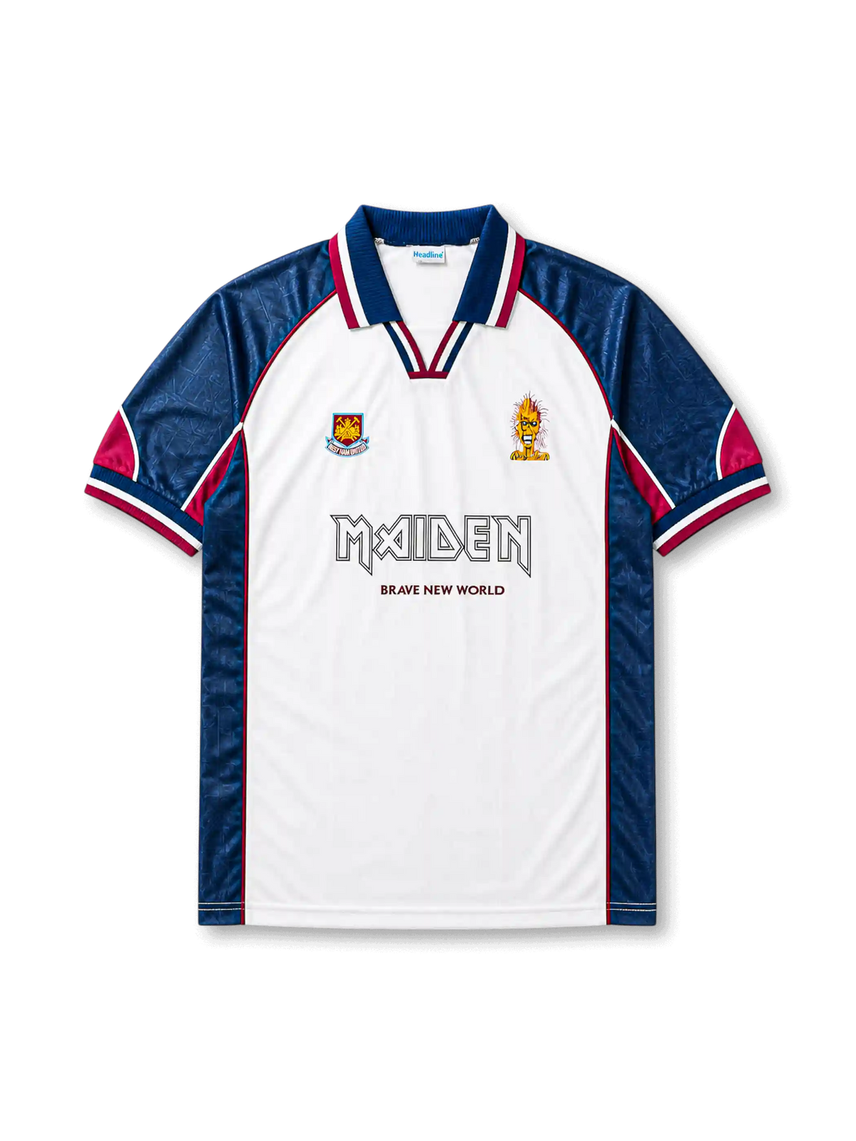 front view of West Ham Iron Maiden Brave New World special edition shirt with white body, dark blue sleeves, claret accents, West Ham crest, Iron Maiden logo, and Eddie artwork