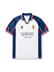 front view of West Ham Iron Maiden Brave New World special edition shirt with white body, dark blue sleeves, claret accents, West Ham crest, Iron Maiden logo, and Eddie artwork