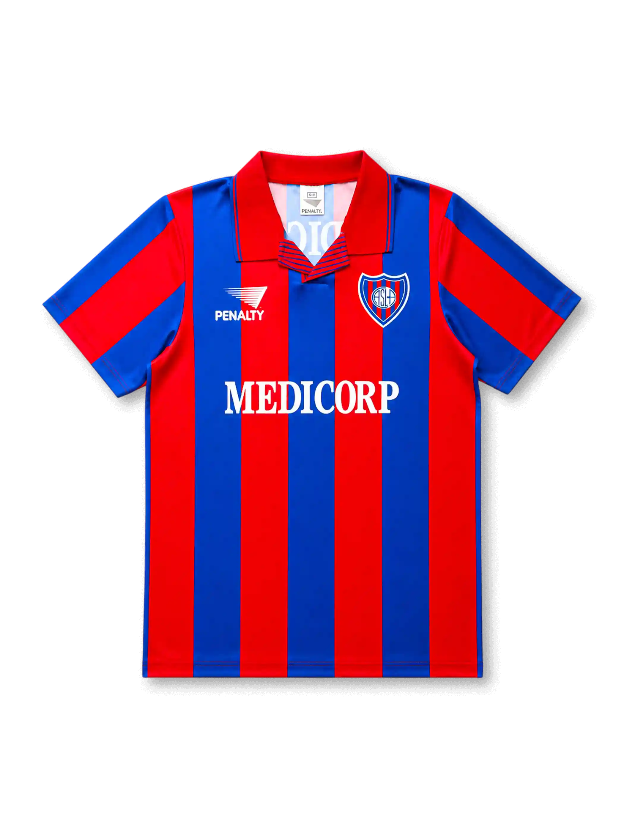 front view of San Lorenzo 1994 home shirt with red and blue vertical stripes, Medicorp sponsor, Penalty branding, club crest, and red collar