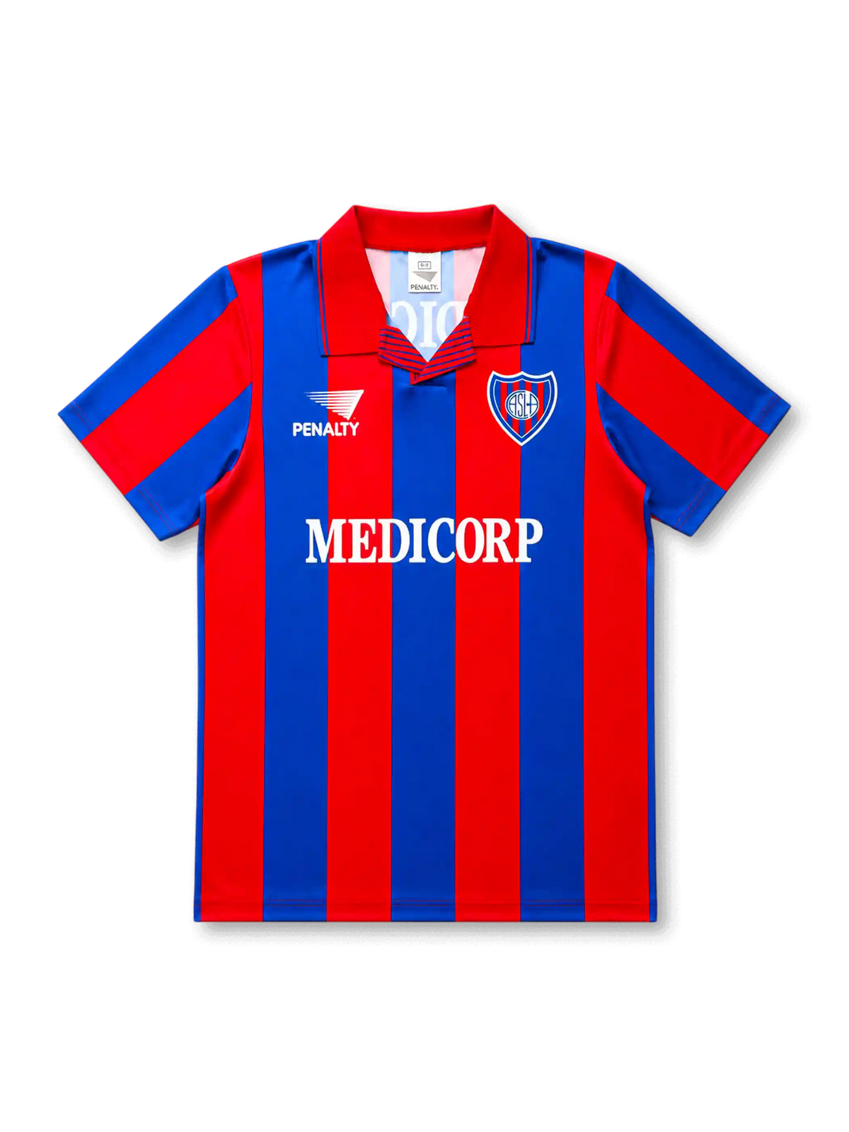 front view of San Lorenzo 1994 home shirt with red and blue vertical stripes, Medicorp sponsor, Penalty branding, club crest, and red collar