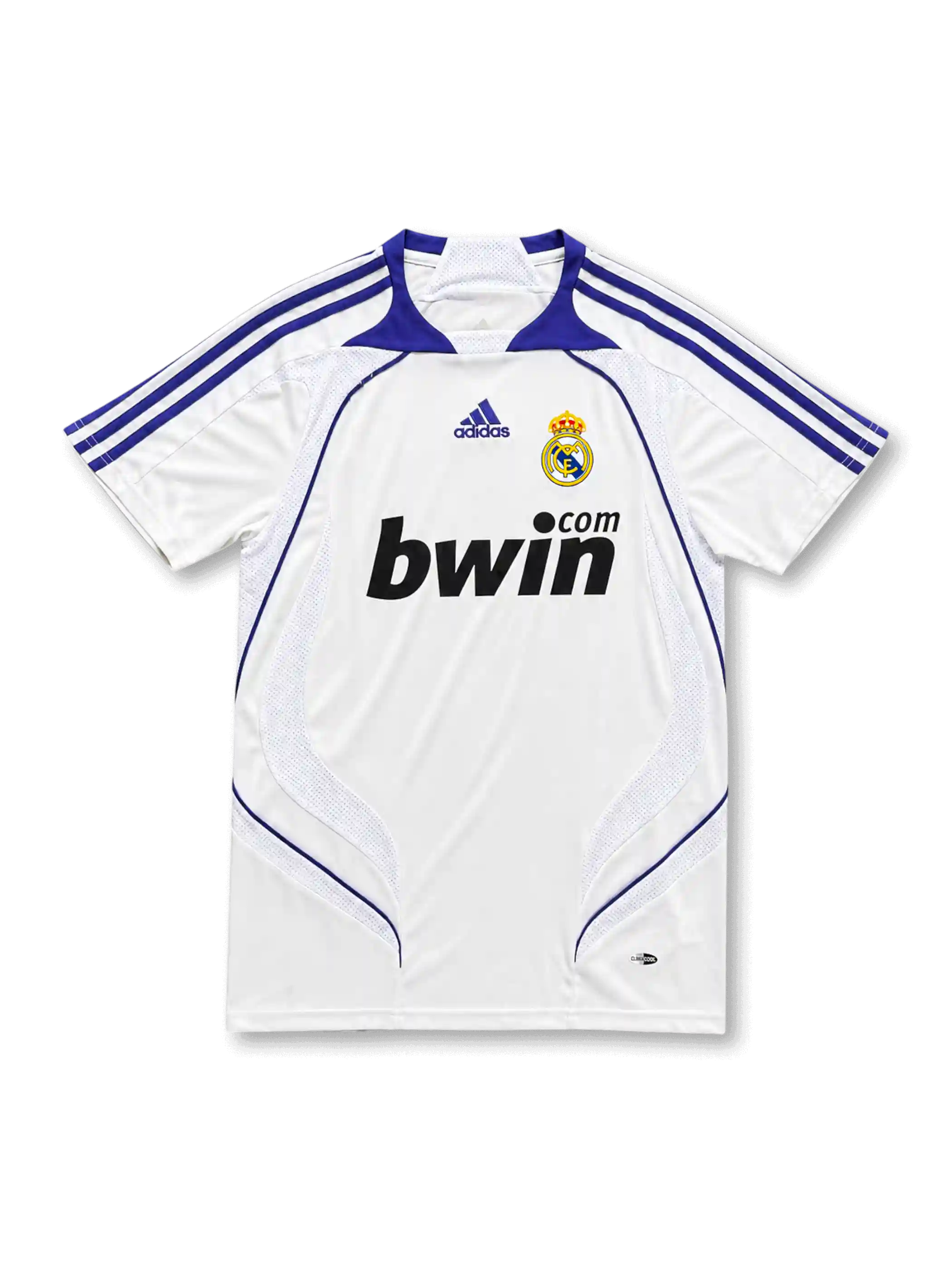 front view of Real Madrid 2007-08 home shirt with white body, purple adidas stripes, bwin sponsor, club crest, and ClimaCool detailing