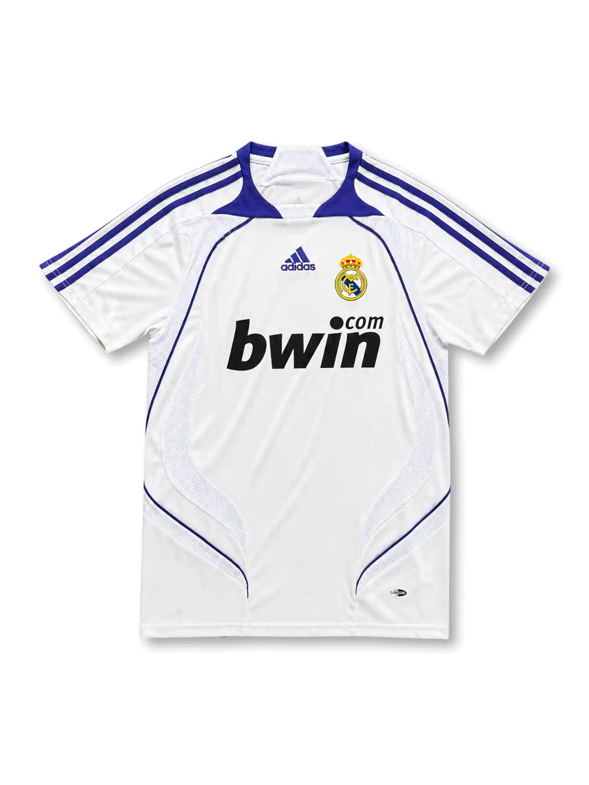 front view of Real Madrid 2007-08 home shirt with white body, purple adidas stripes, bwin sponsor, club crest, and ClimaCool detailing