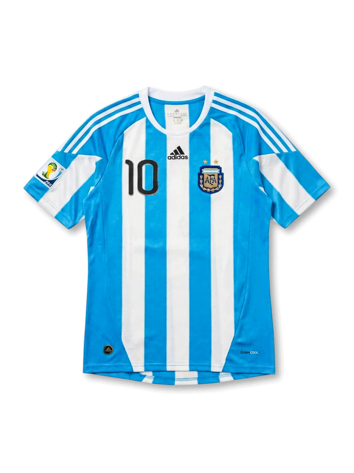 front view of Argentina 2010 World Cup home shirt with sky blue and white stripes, black number 10, Argentina crest, adidas logo, and South Africa 2010 sleeve patch