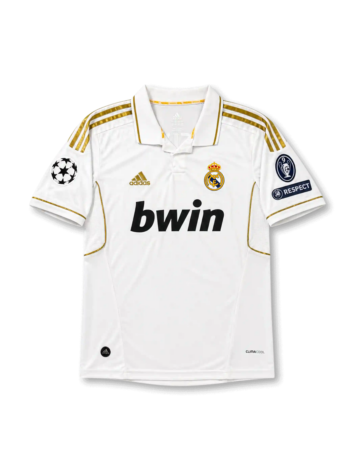 front view of Real Madrid 2011-12 home shirt with white body, gold adidas stripes, bwin sponsor, club crest, Champions League patch, and UEFA Respect sleeve patch