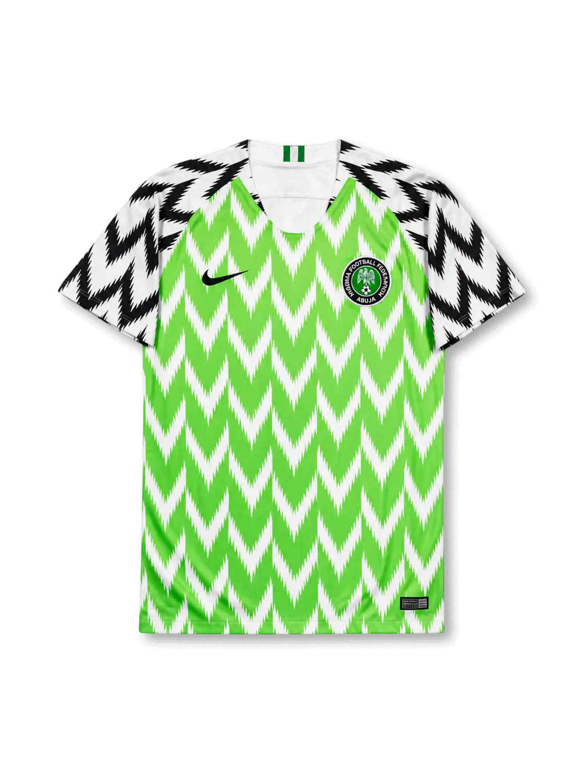 front view of Nigeria 2018 World Cup home shirt with green zigzag pattern, black and white graphic sleeves, Nigeria crest, and V-neck collar