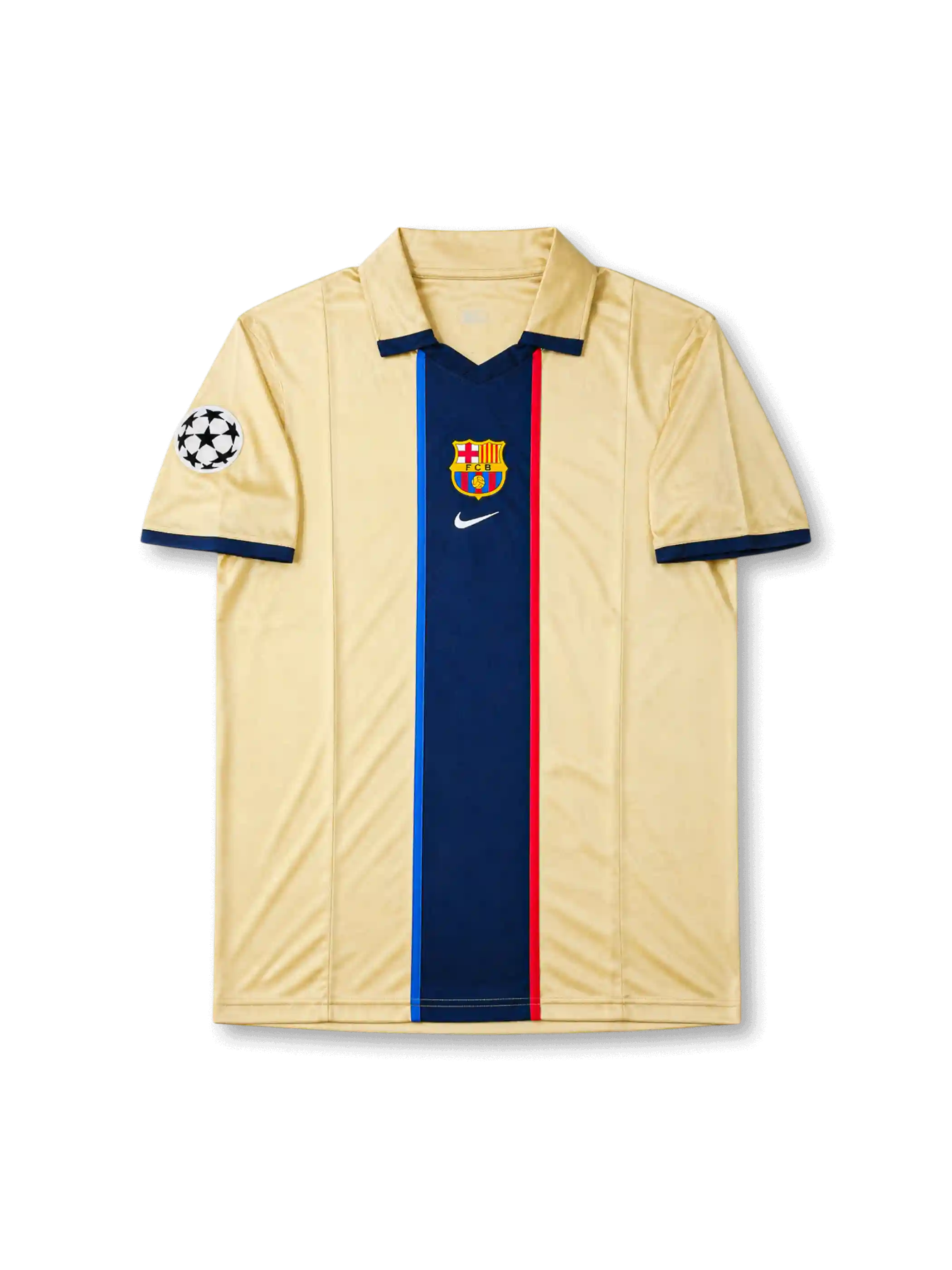 Barcelona 1999-00 away jersey front view with champagne-gold body, central navy stripe, club crest, and Champions League sleeve patch.