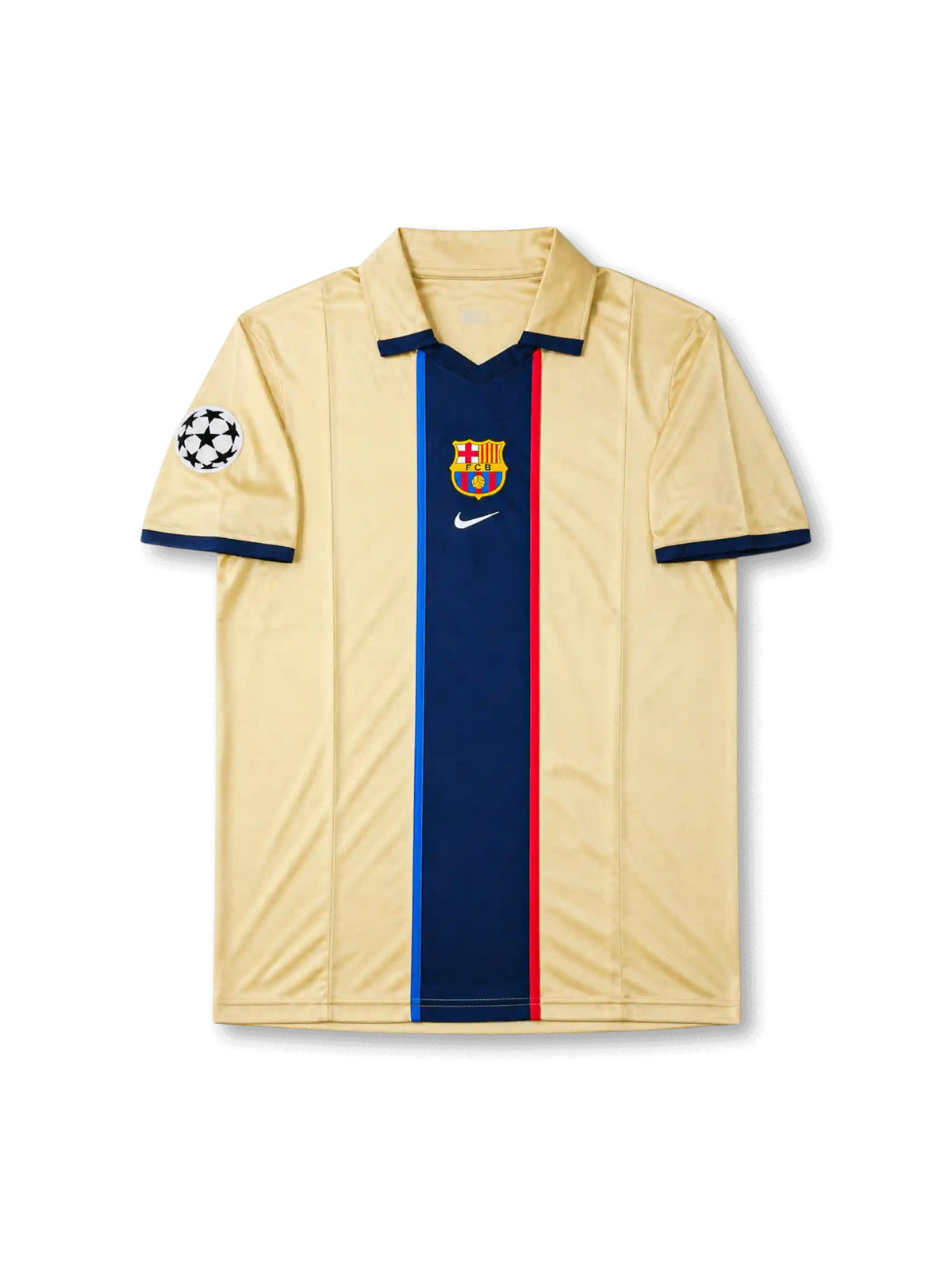 Barcelona 1999-00 away jersey front view with champagne-gold body, central navy stripe, club crest, and Champions League sleeve patch.