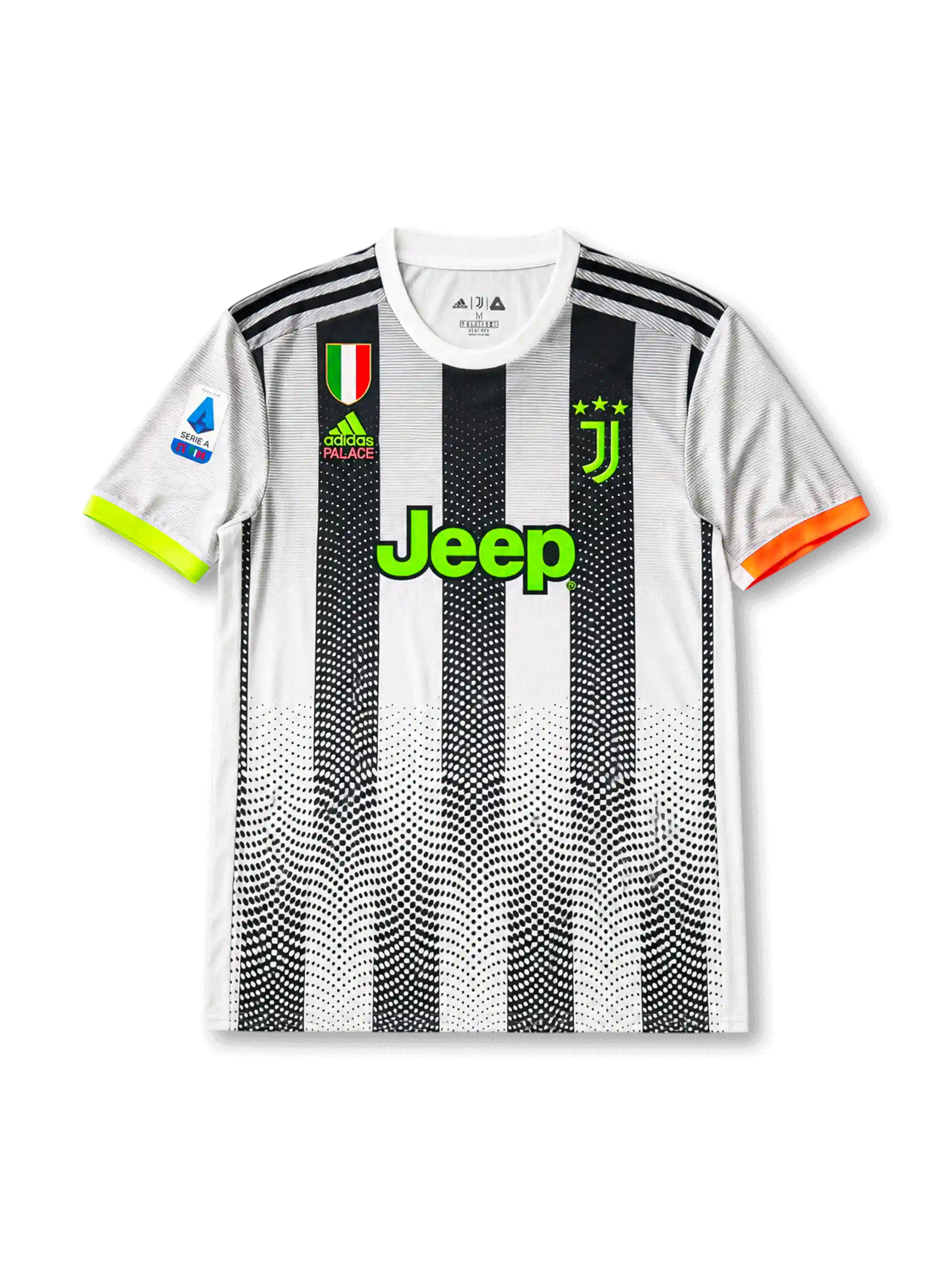 front view of Juventus 2019-20 Palace special edition shirt with black and white dotted stripes, neon green Jeep sponsor, Juventus crest, Palace branding, Scudetto shield, and Serie A sleeve patch