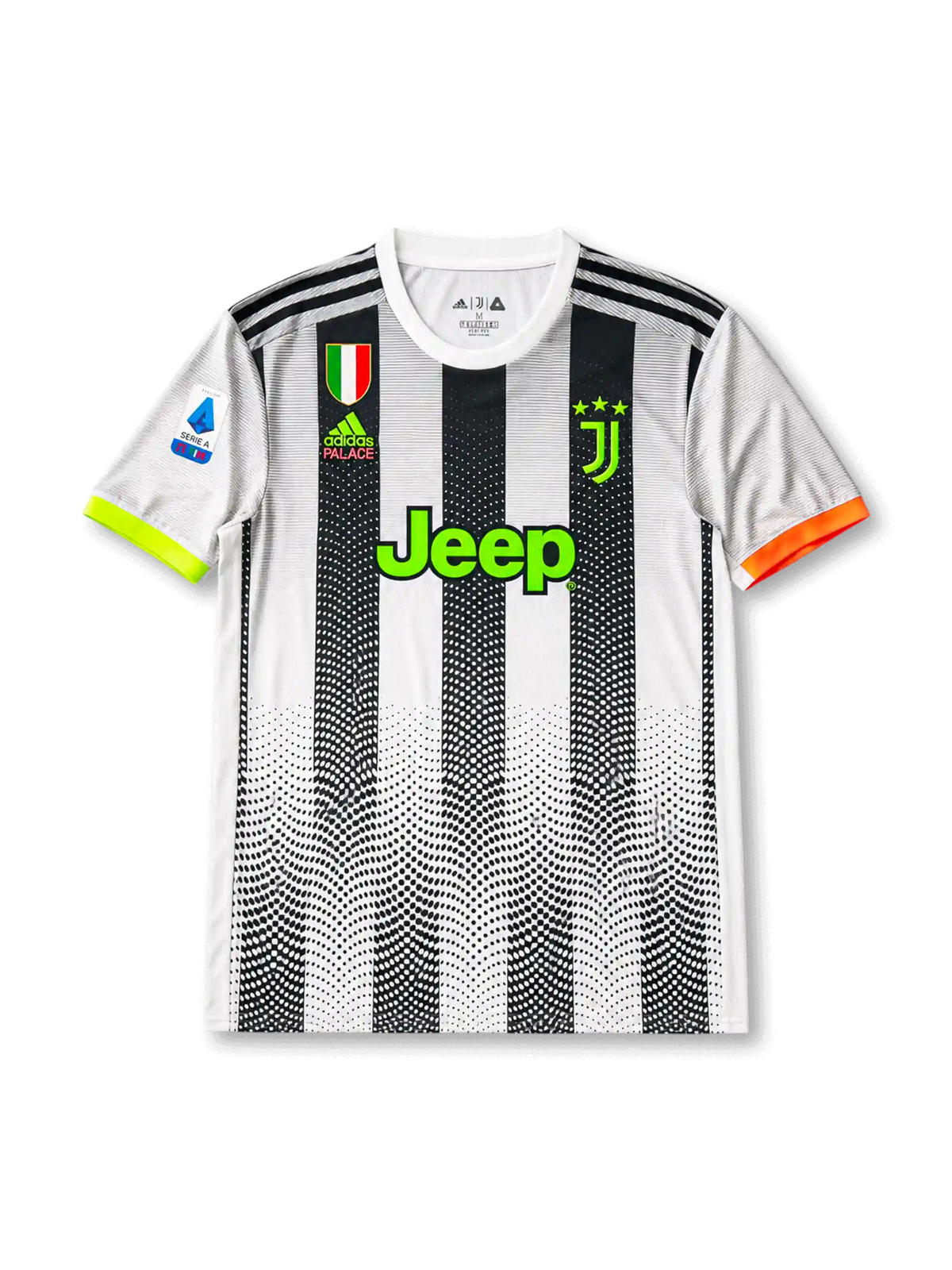 front view of Juventus 2019-20 Palace special edition shirt with black and white dotted stripes, neon green Jeep sponsor, Juventus crest, Palace branding, Scudetto shield, and Serie A sleeve patch