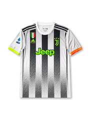front view of Juventus 2019-20 Palace special edition shirt with black and white dotted stripes, neon green Jeep sponsor, Juventus crest, Palace branding, Scudetto shield, and Serie A sleeve patch