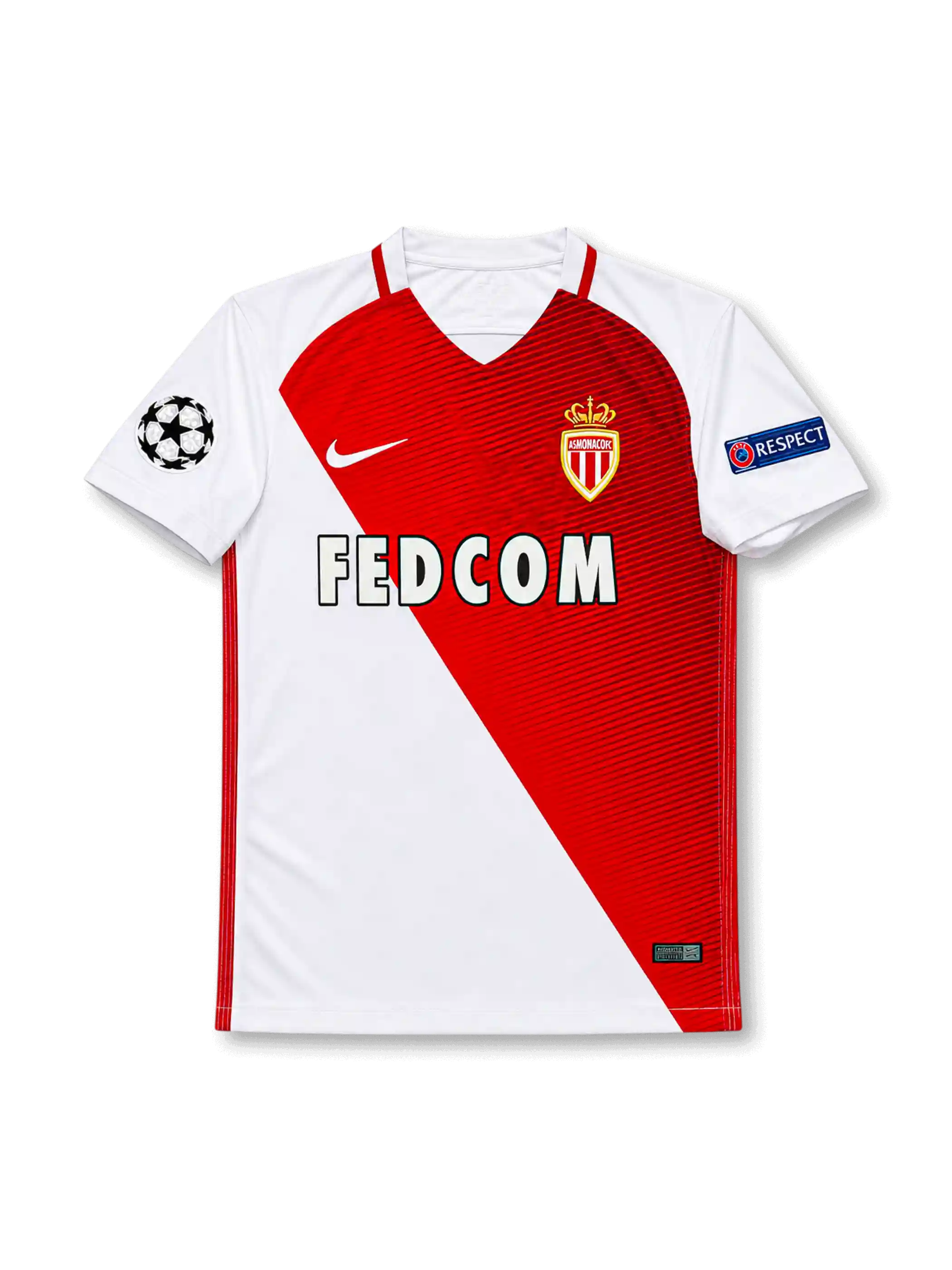 front view of AS Monaco 2016-17 home shirt with red and white diagonal design, FEDCOM sponsor, club crest, Champions League patch, and UEFA Respect sleeve patch