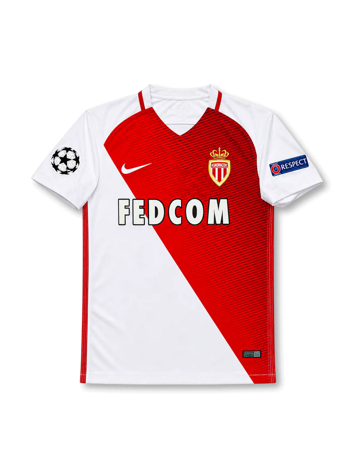 front view of AS Monaco 2016-17 home shirt with red and white diagonal design, FEDCOM sponsor, club crest, Champions League patch, and UEFA Respect sleeve patch