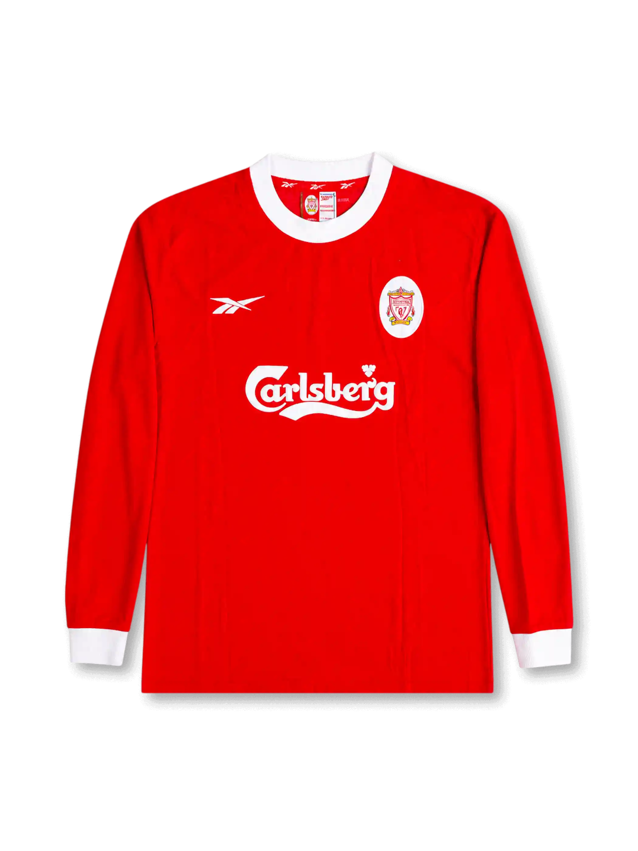 front view of Liverpool 1998-00 home shirt with red long-sleeve body, white collar, Carlsberg sponsor, Reebok logo, and club crest