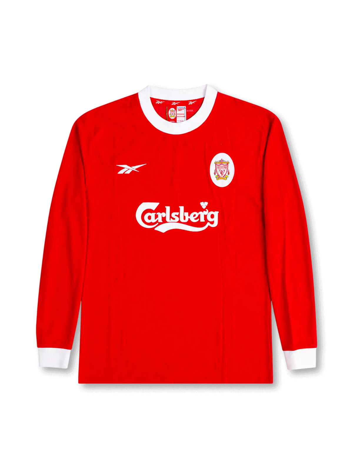 front view of Liverpool 1998-00 home shirt with red long-sleeve body, white collar, Carlsberg sponsor, Reebok logo, and club crest