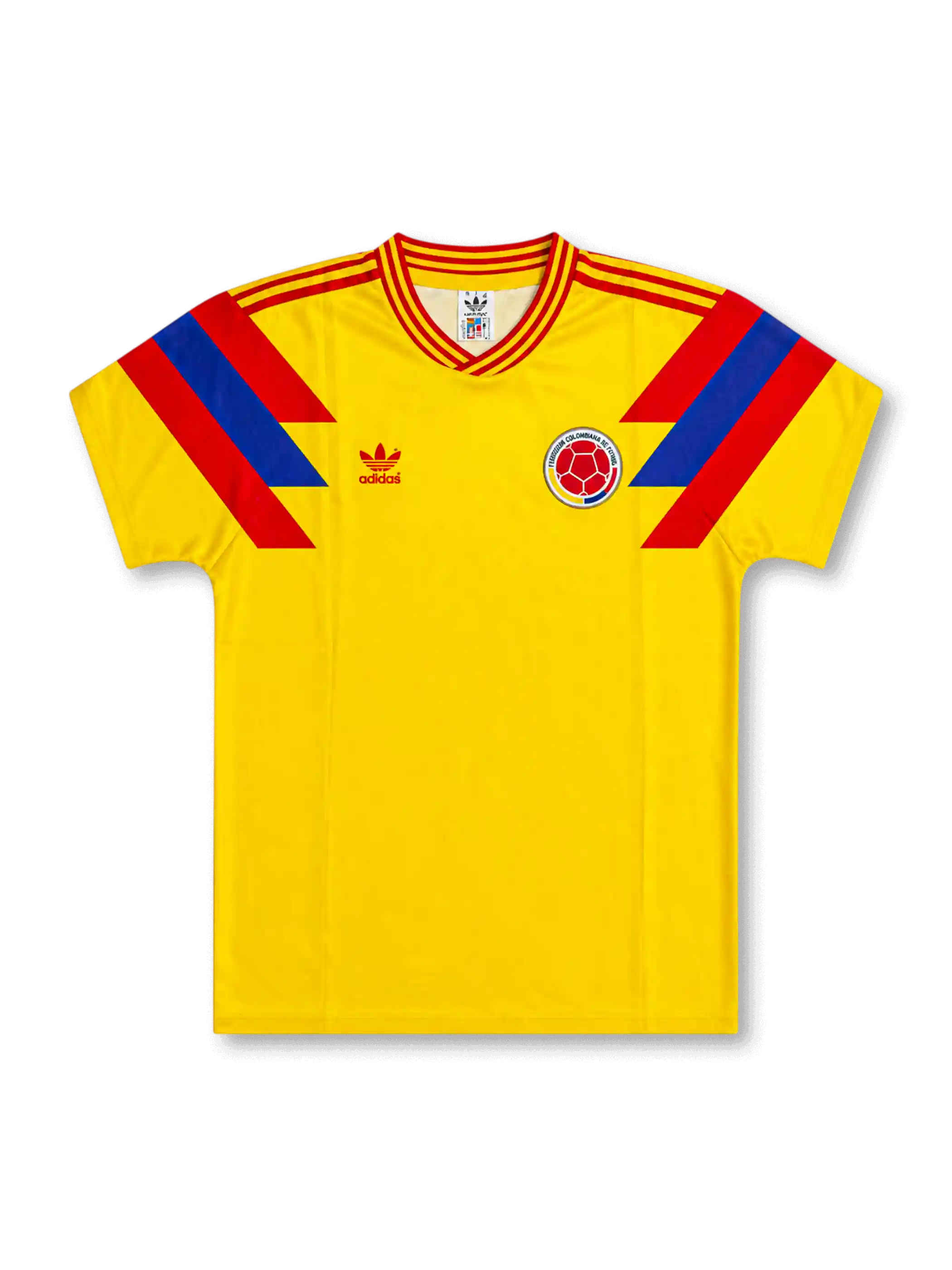 front view of Colombia 1990 World Cup home shirt with yellow body, red and blue shoulder graphics, adidas trefoil logo, and Colombia crest