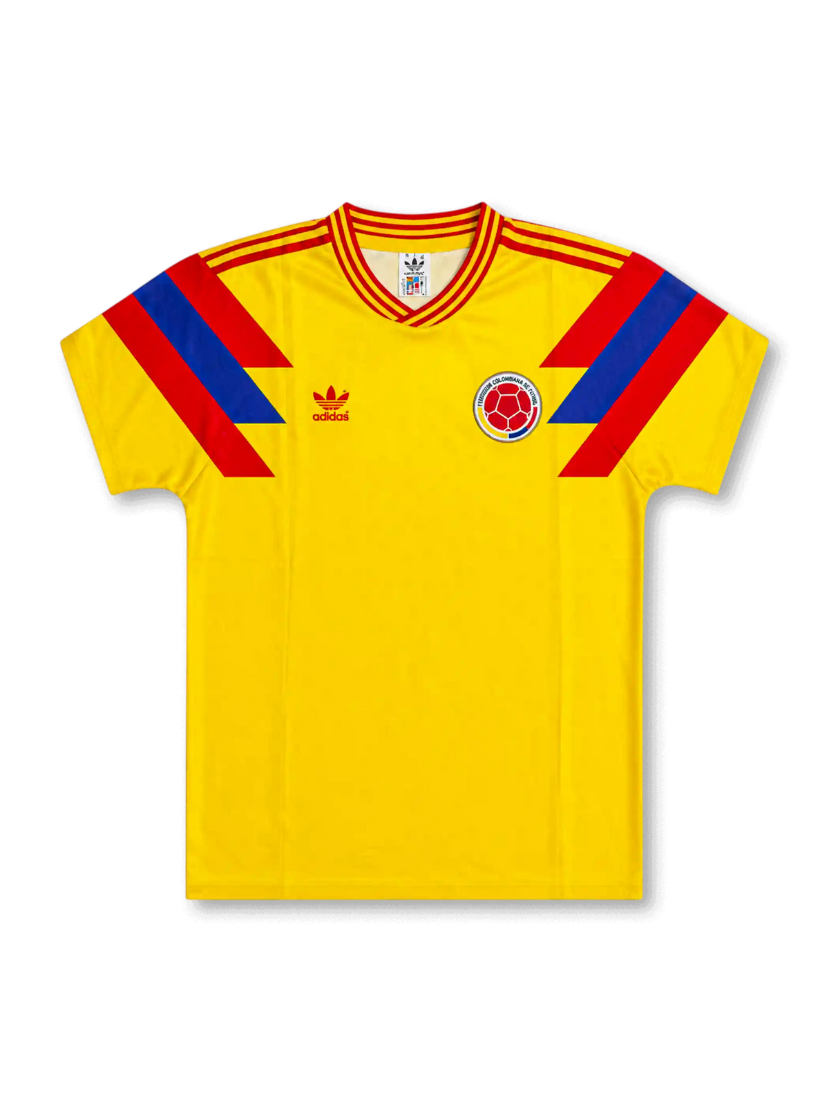 front view of Colombia 1990 World Cup home shirt with yellow body, red and blue shoulder graphics, adidas trefoil logo, and Colombia crest