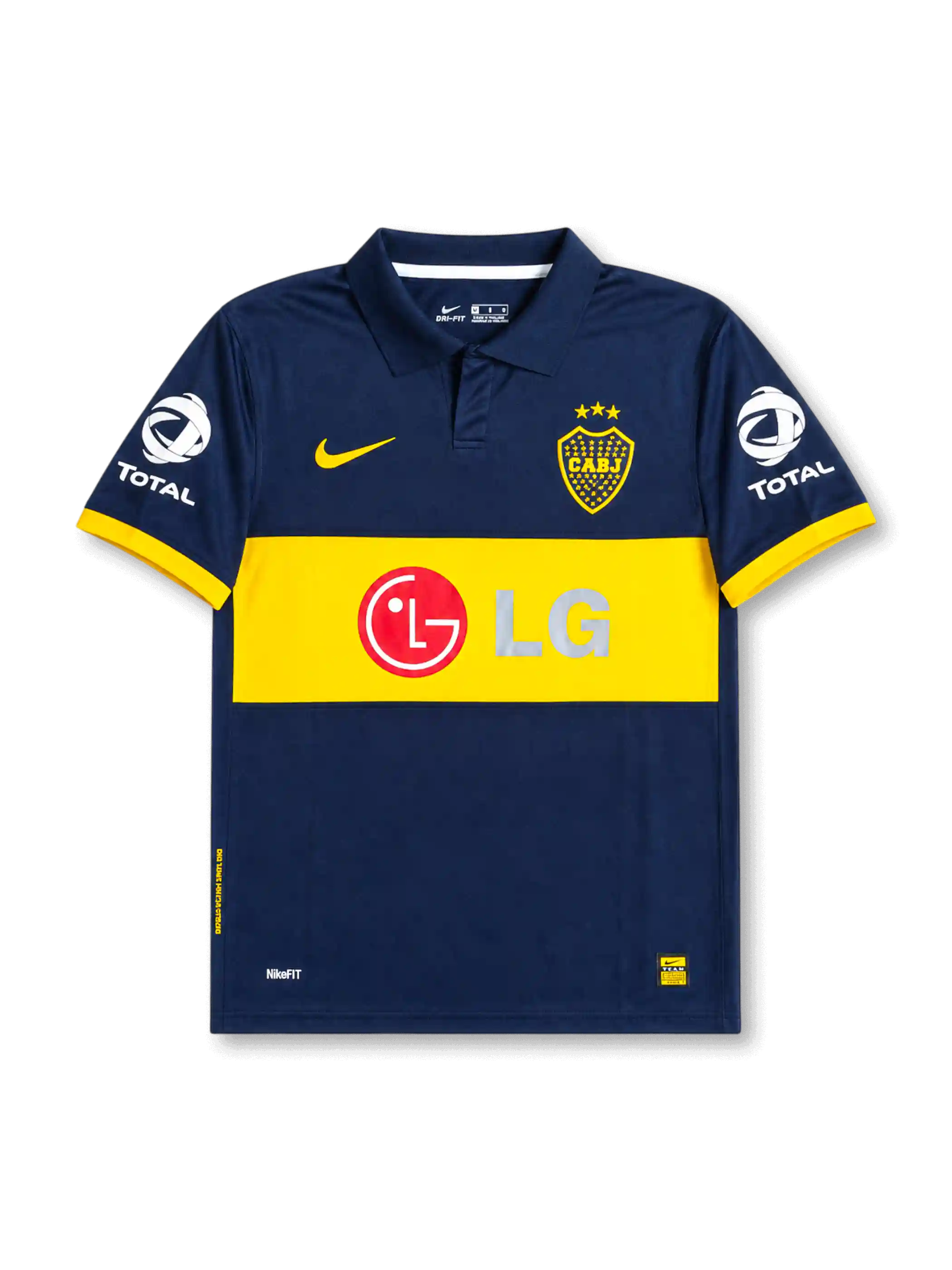 front view of Boca Juniors 2007 home shirt with navy body, yellow chest band, LG sponsor, Boca Juniors crest, Nike logo, and Total sleeve sponsors