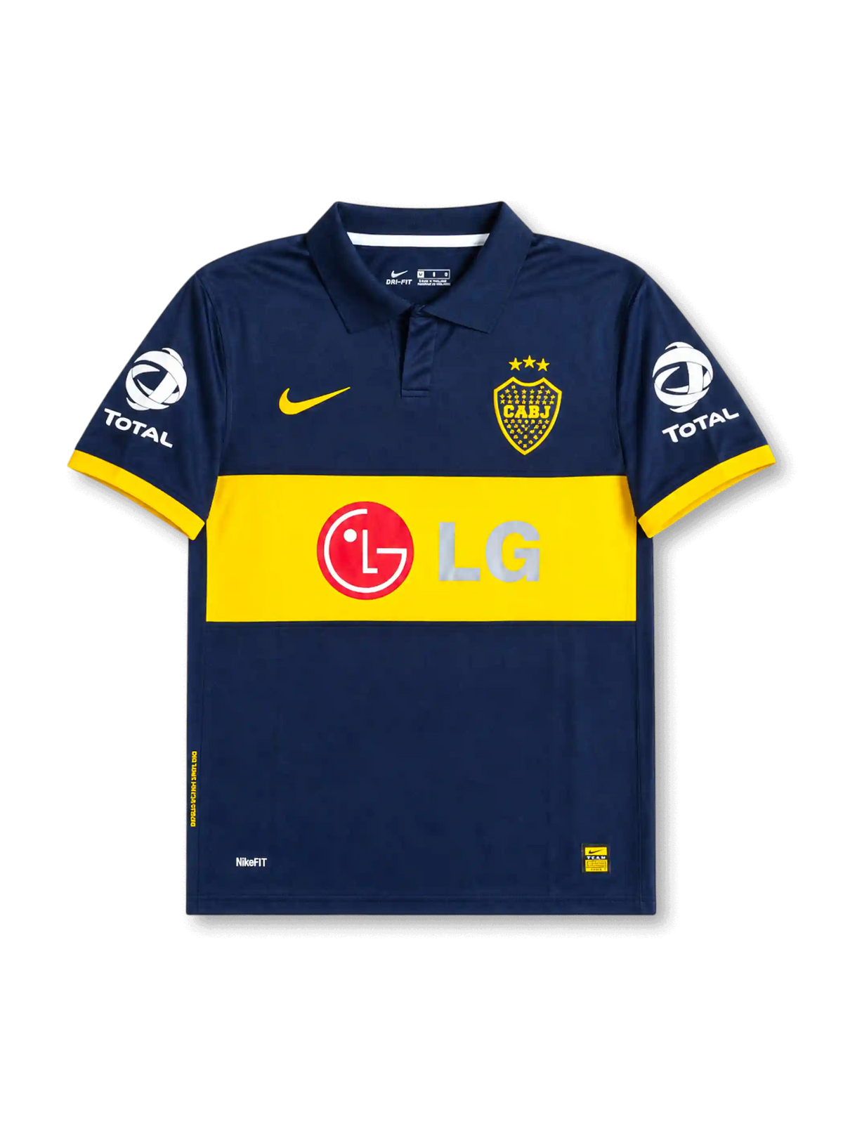 front view of Boca Juniors 2007 home shirt with navy body, yellow chest band, LG sponsor, Boca Juniors crest, Nike logo, and Total sleeve sponsors
