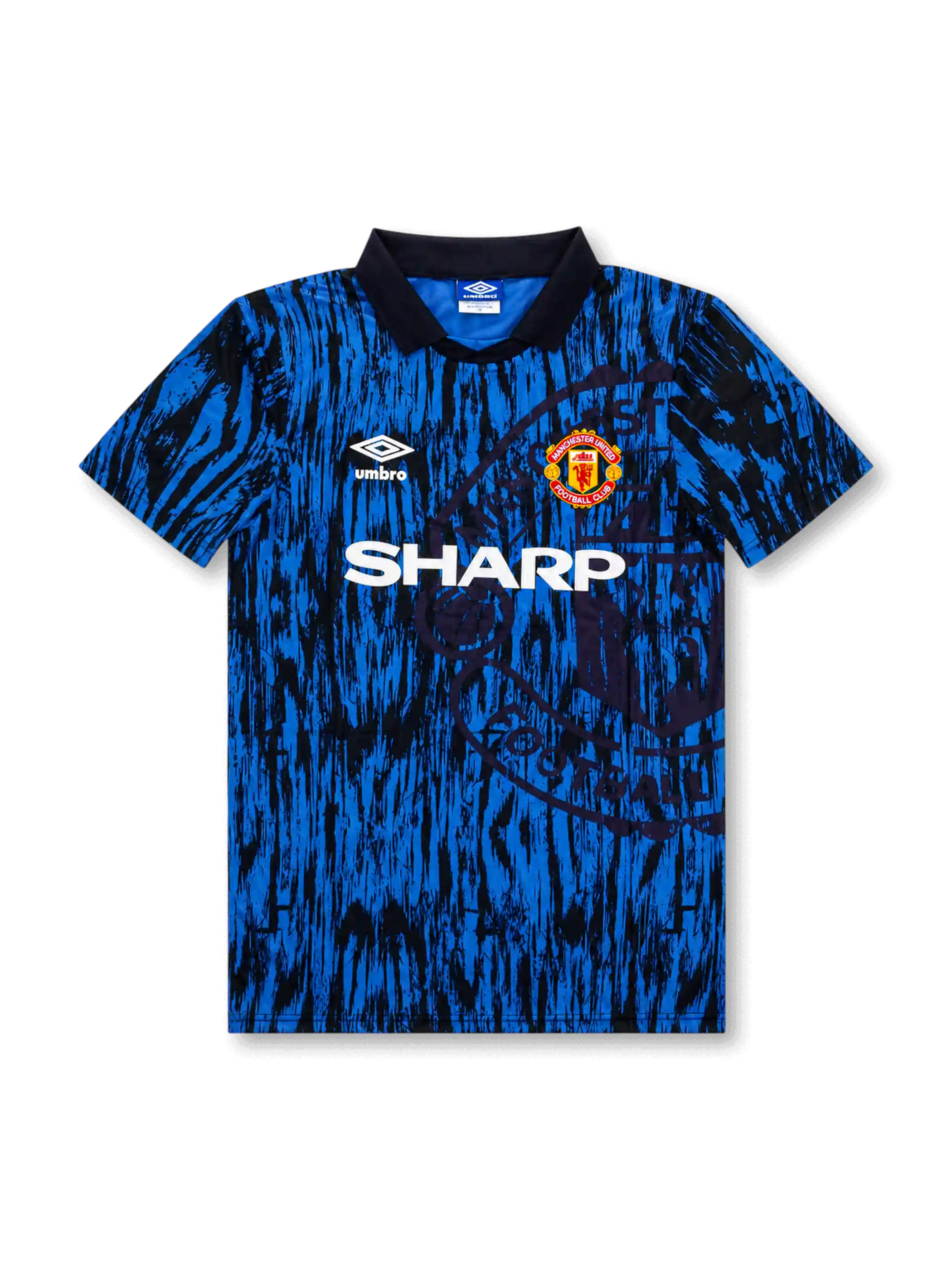 front view of Manchester United 1992-94 third shirt with blue and black abstract graphics, Sharp sponsor, Umbro logo, club crest, and black polo collar