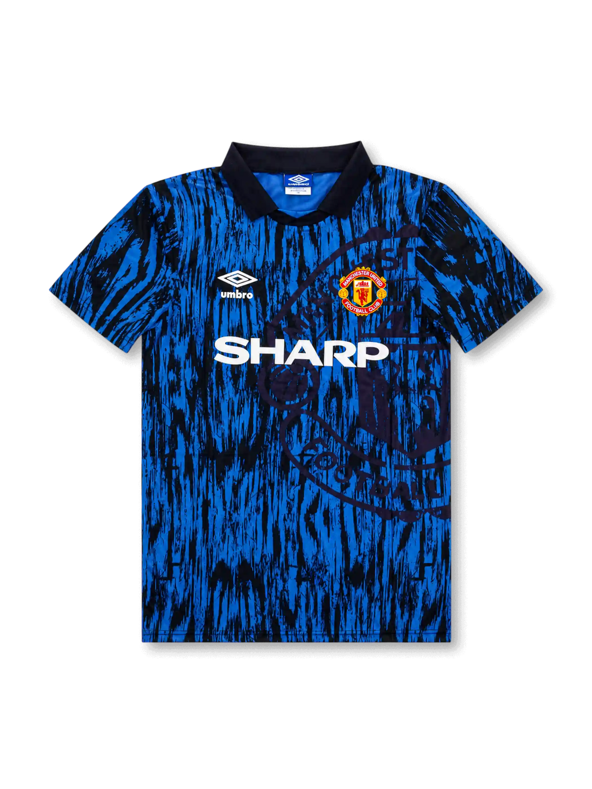 front view of Manchester United 1992-94 third shirt with blue and black abstract graphics, Sharp sponsor, Umbro logo, club crest, and black polo collar
