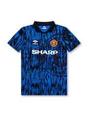 front view of Manchester United 1992-94 third shirt with blue and black abstract graphics, Sharp sponsor, Umbro logo, club crest, and black polo collar
