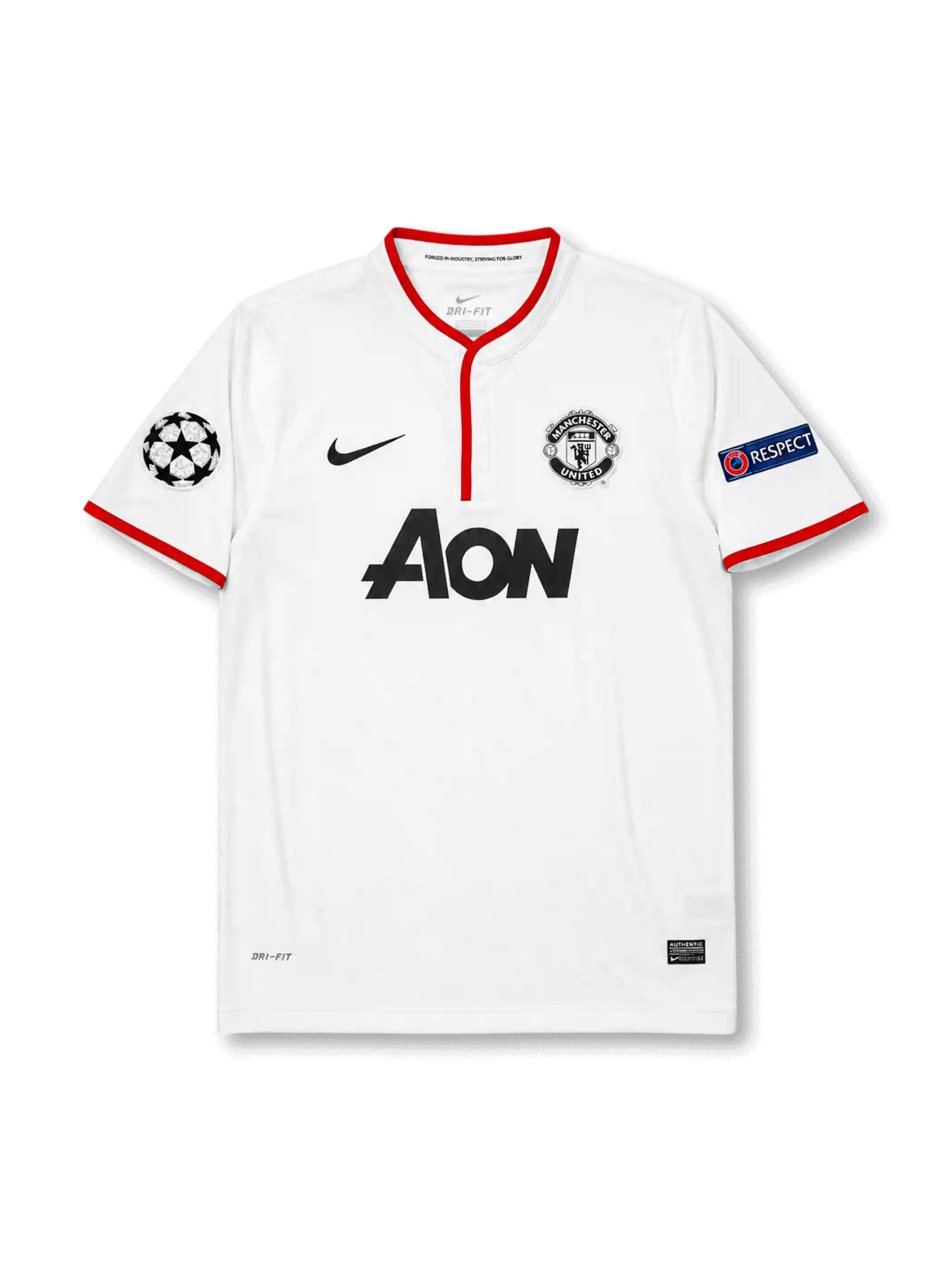 ront view of Manchester United 2012-13 away shirt with white body, red trim, Aon sponsor, club crest, Champions League patch, and UEFA Respect sleeve patch