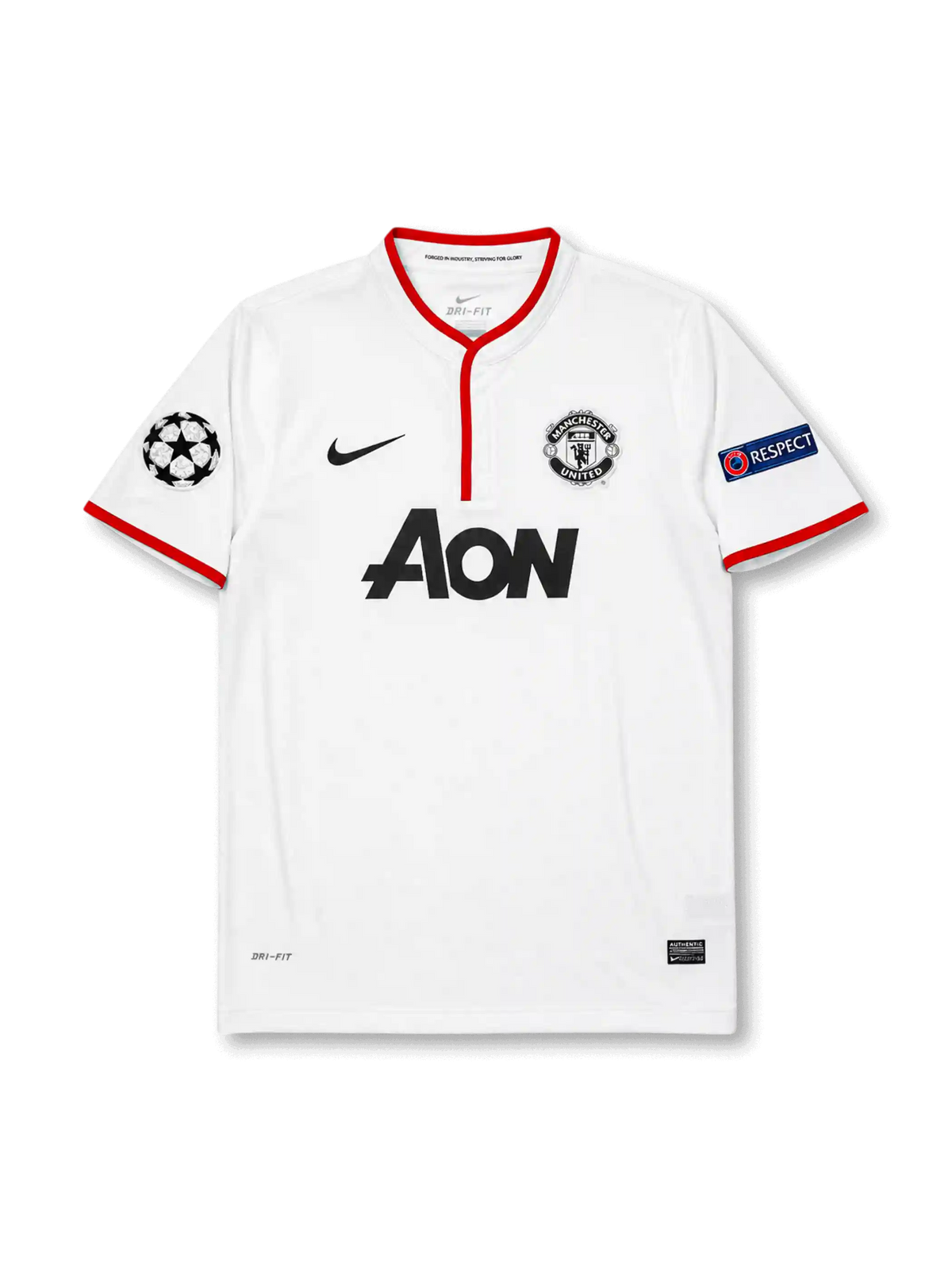 ront view of Manchester United 2012-13 away shirt with white body, red trim, Aon sponsor, club crest, Champions League patch, and UEFA Respect sleeve patch