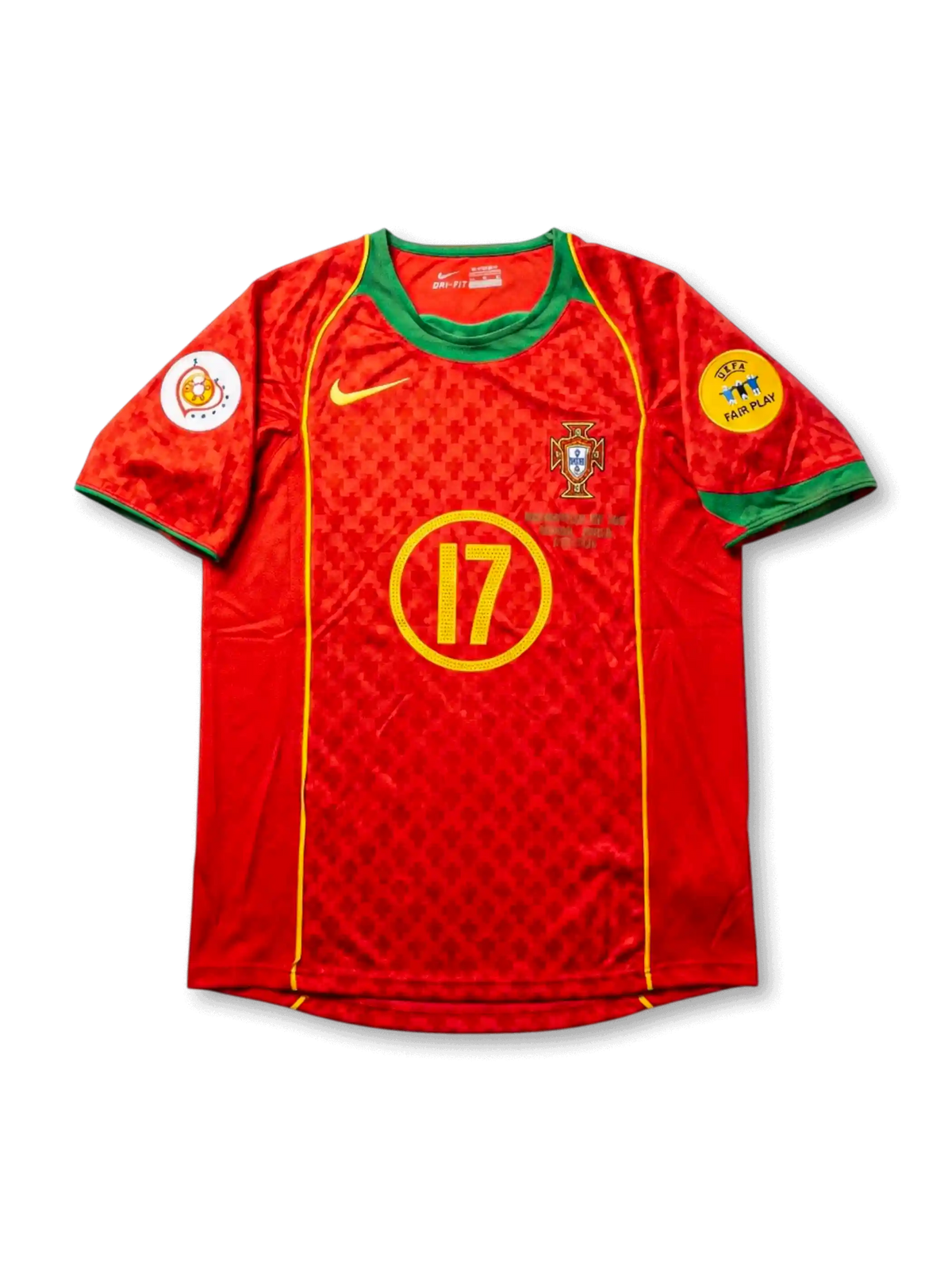 front view of Portugal 2004 home shirt with red body, green collar, yellow number 17, Portugal crest, Euro 2004 patch, and UEFA Fair Play patch