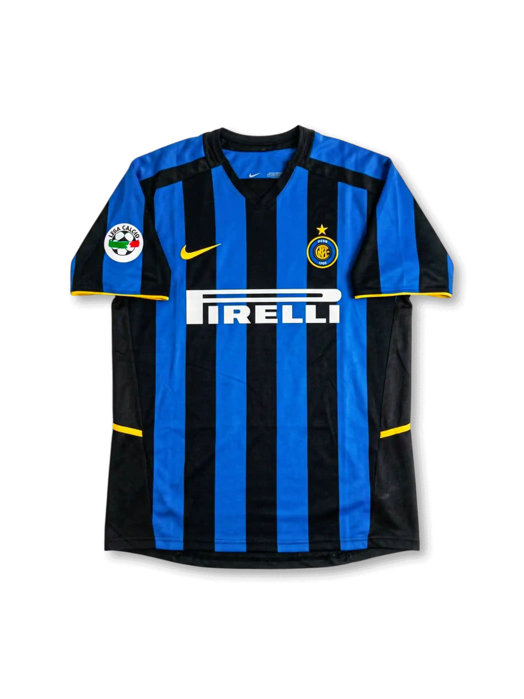 front view of Inter Milan 2002-03 home shirt with blue and black stripes, Pirelli sponsor, Inter crest, Nike logo, yellow trim, and Serie A sleeve patch
