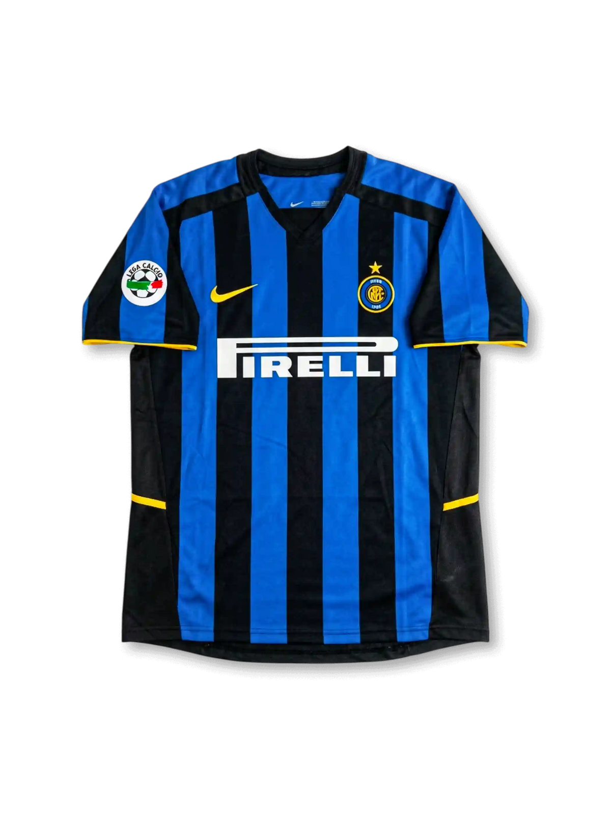 front view of Inter Milan 2002-03 home shirt with blue and black stripes, Pirelli sponsor, Inter crest, Nike logo, yellow trim, and Serie A sleeve patch