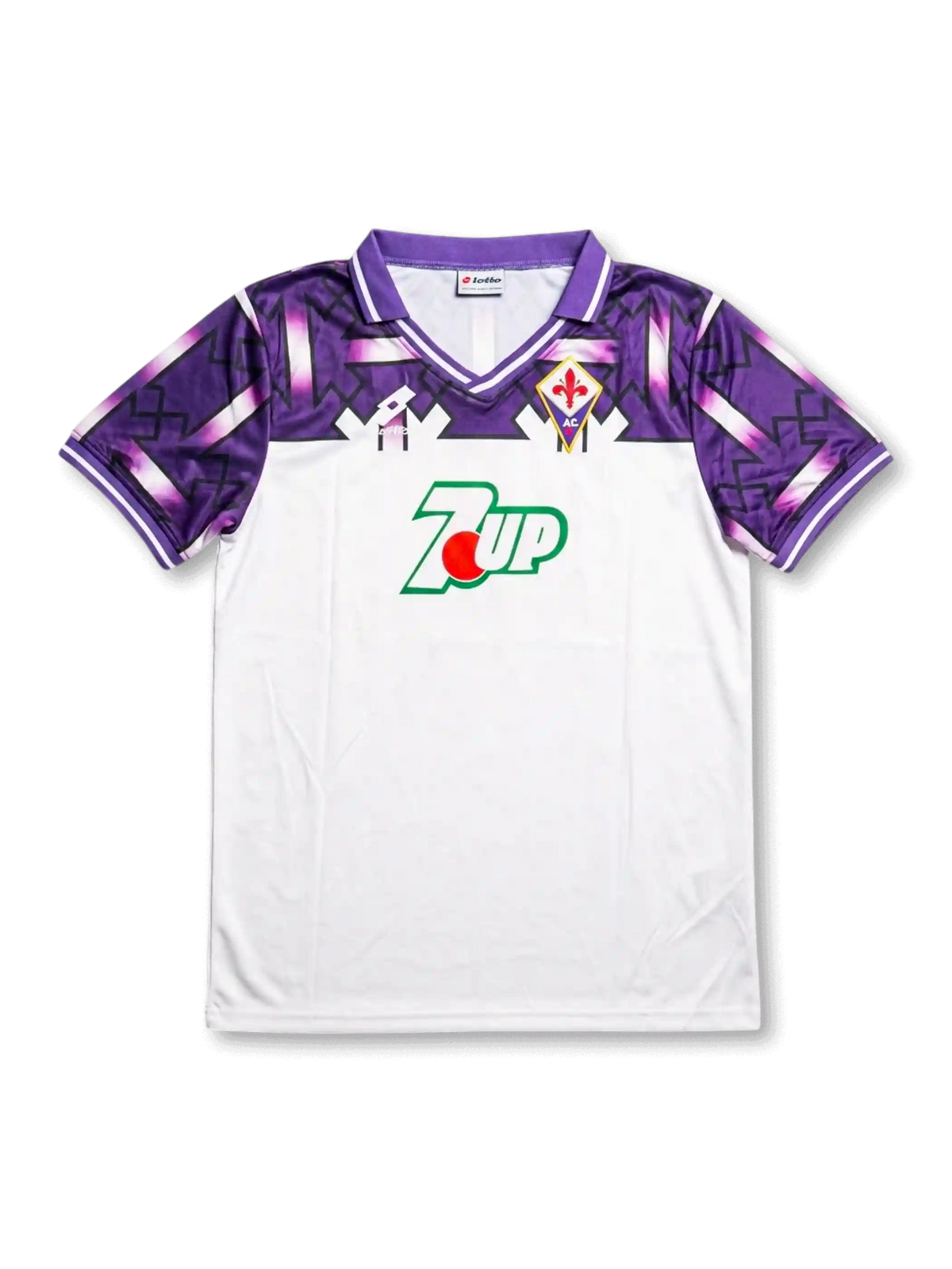 front view of Fiorentina 1992-93 away shirt with white body, purple shoulder graphics, 7UP sponsor, Lotto branding, and Fiorentina crest